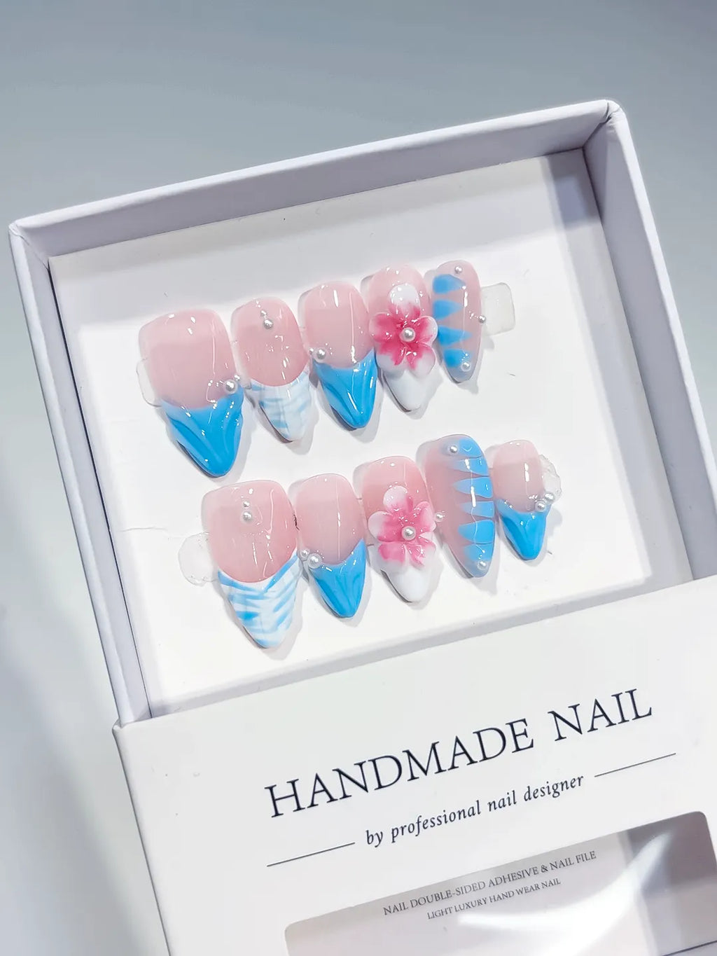 D430 - Medium Pink Blue Almond French tip Flower Pearl
