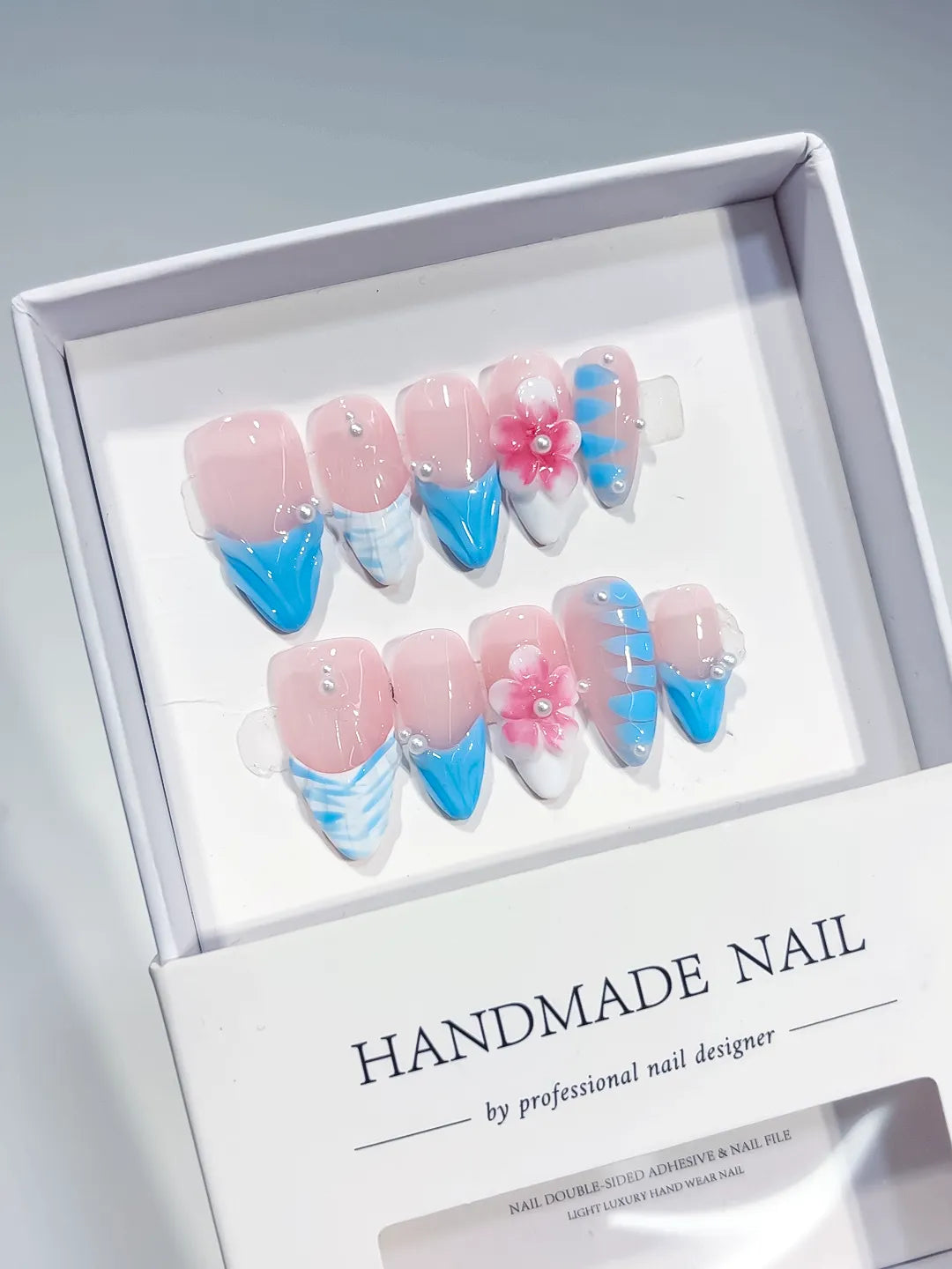 D430 - Medium Pink Blue Almond French tip Flower Pearl