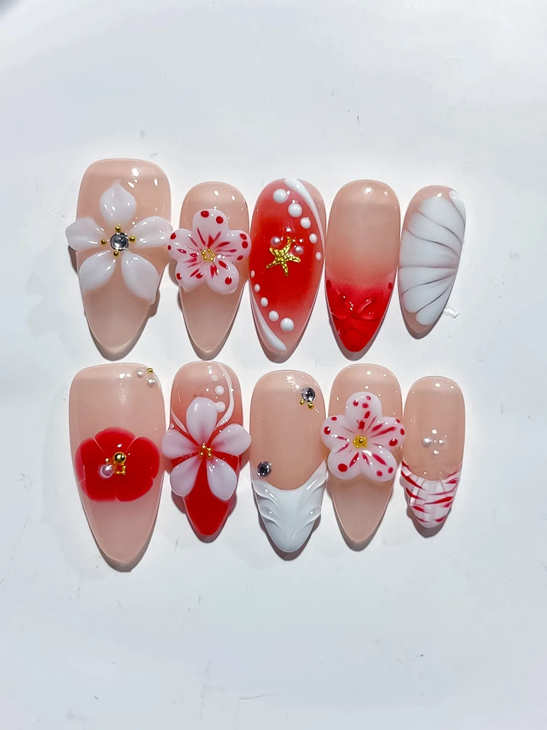 D431 - Medium Nude Red Almond Abstract Flower Star