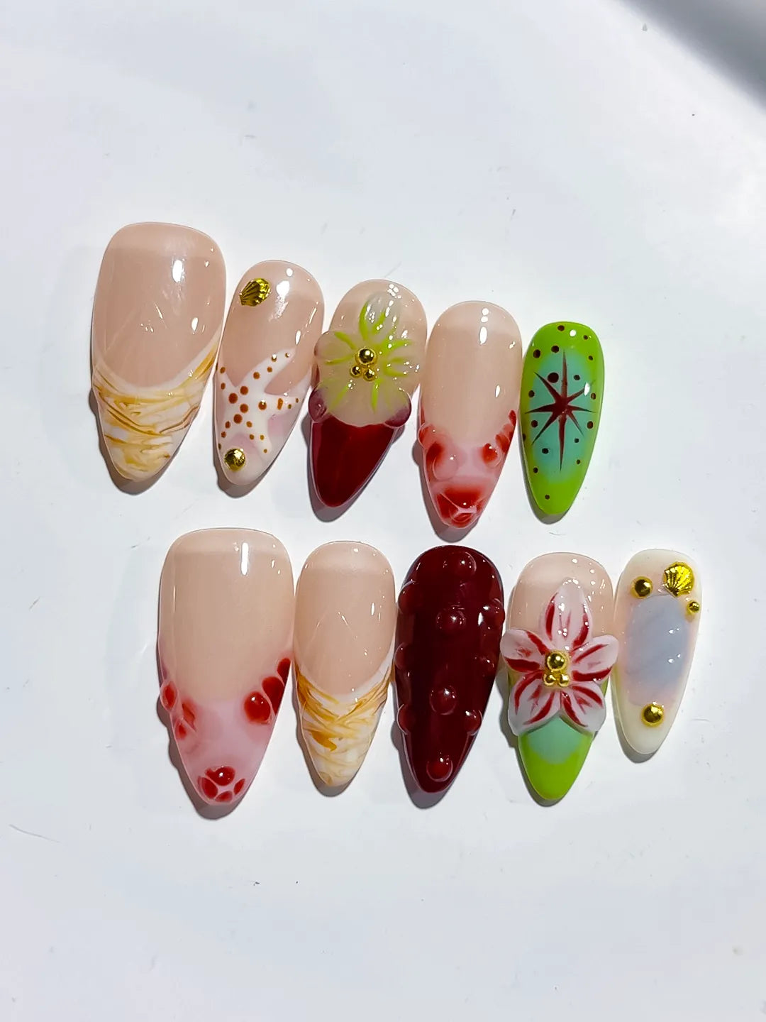 D432 - Medium Nude Red Almond Abstract Flower Star VibeNailsLab