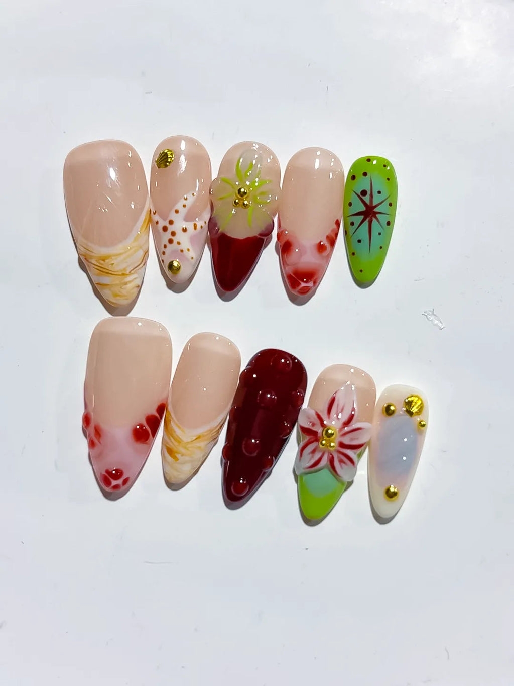 D432 - Medium Nude Red Almond Abstract Flower Star VibeNailsLab