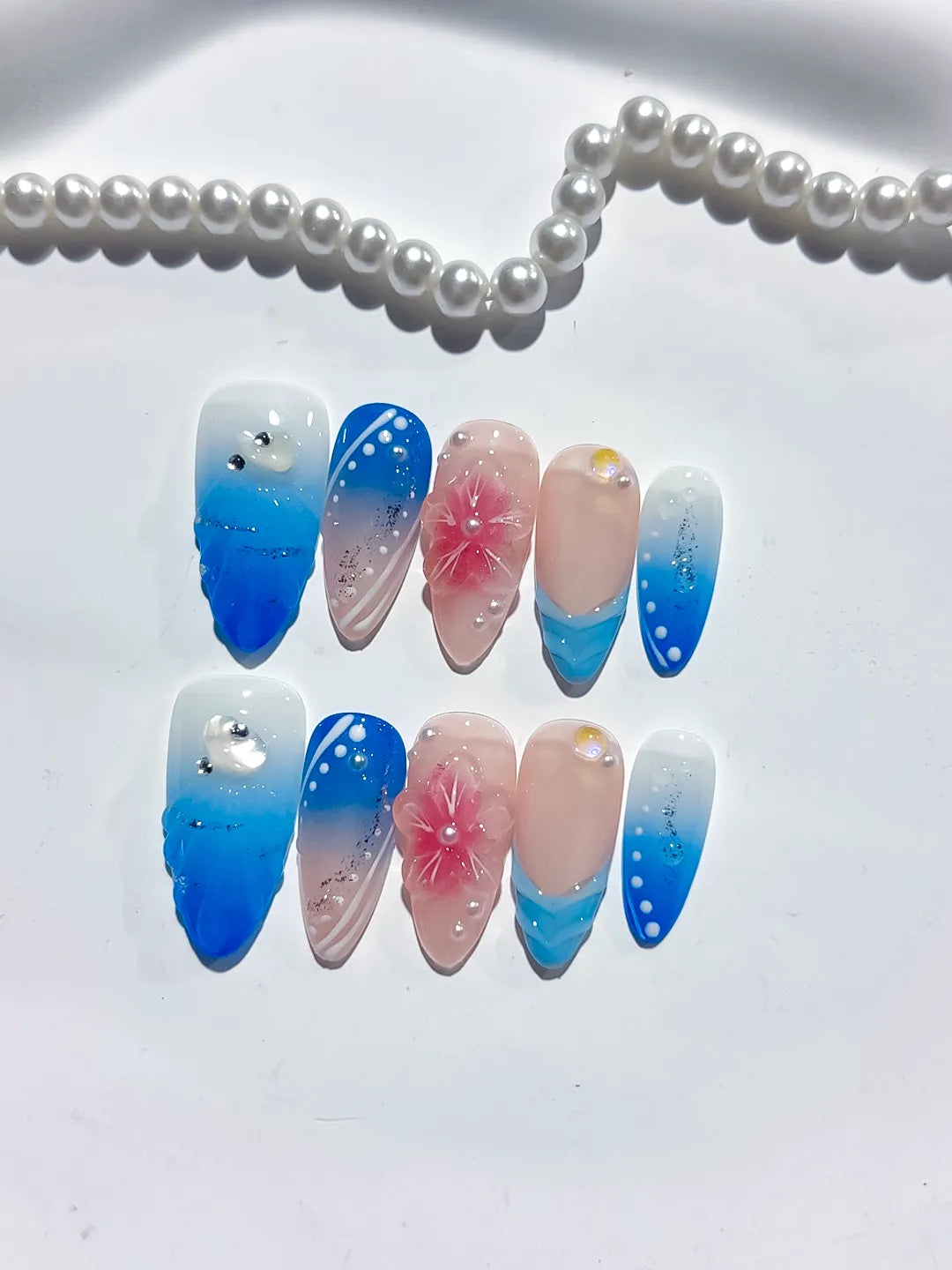 D433 - Medium Nude Blue Almond Ombre Flower Glitter VibeNailsLab