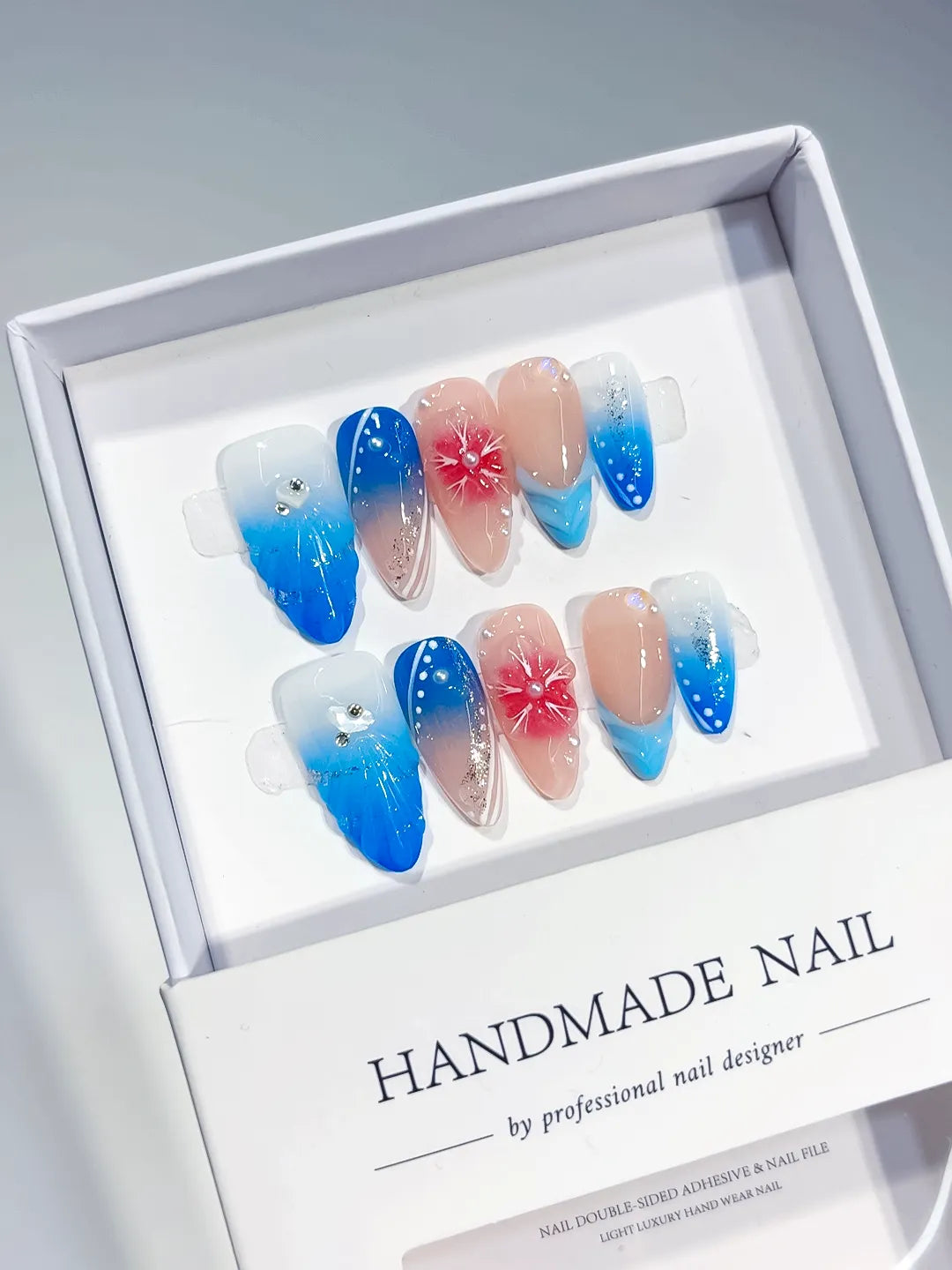 D433 - Medium Nude Blue Almond Ombre Flower Glitter VibeNailsLab