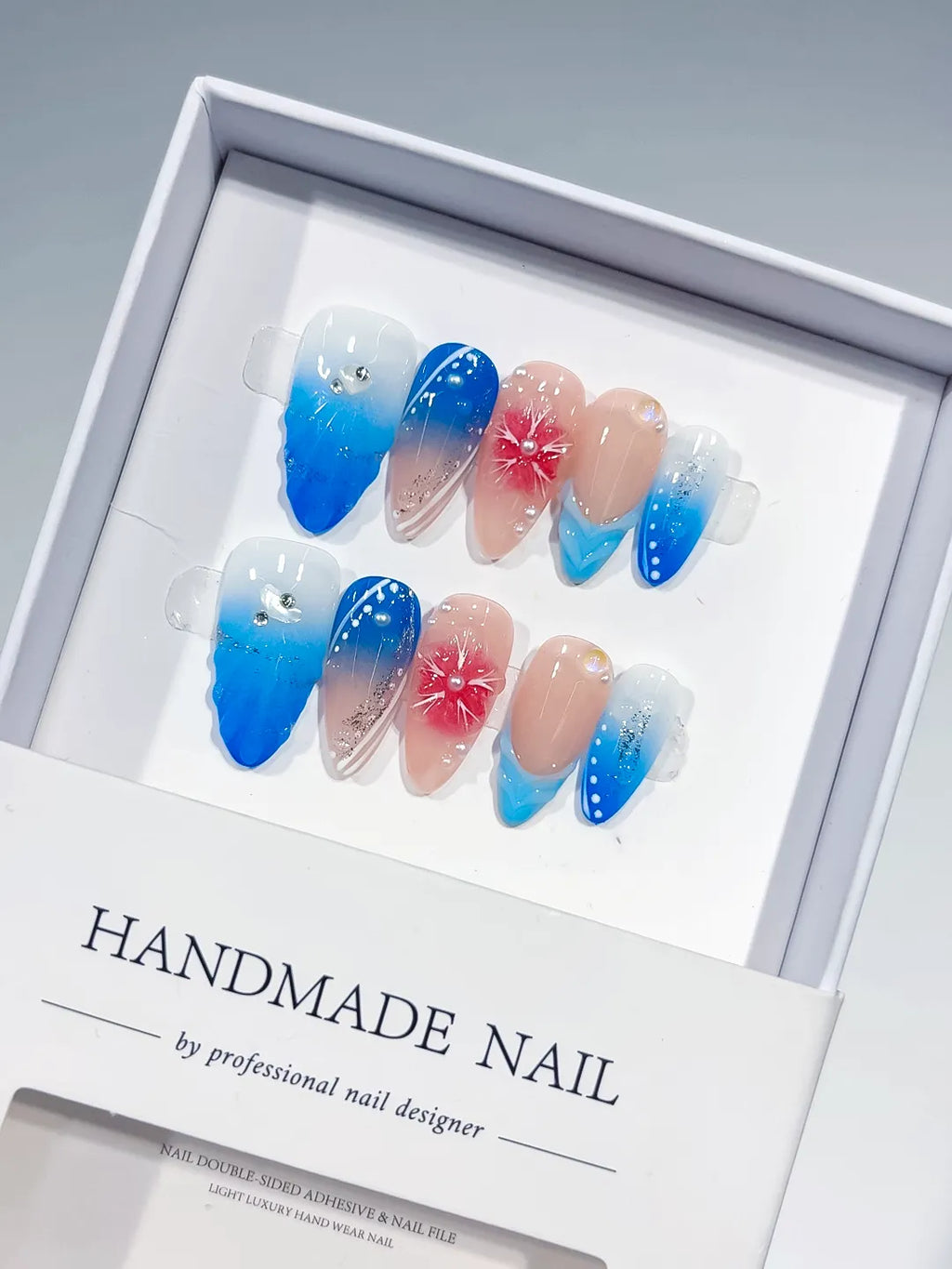 D433 - Medium Nude Blue Almond Ombre Flower Glitter