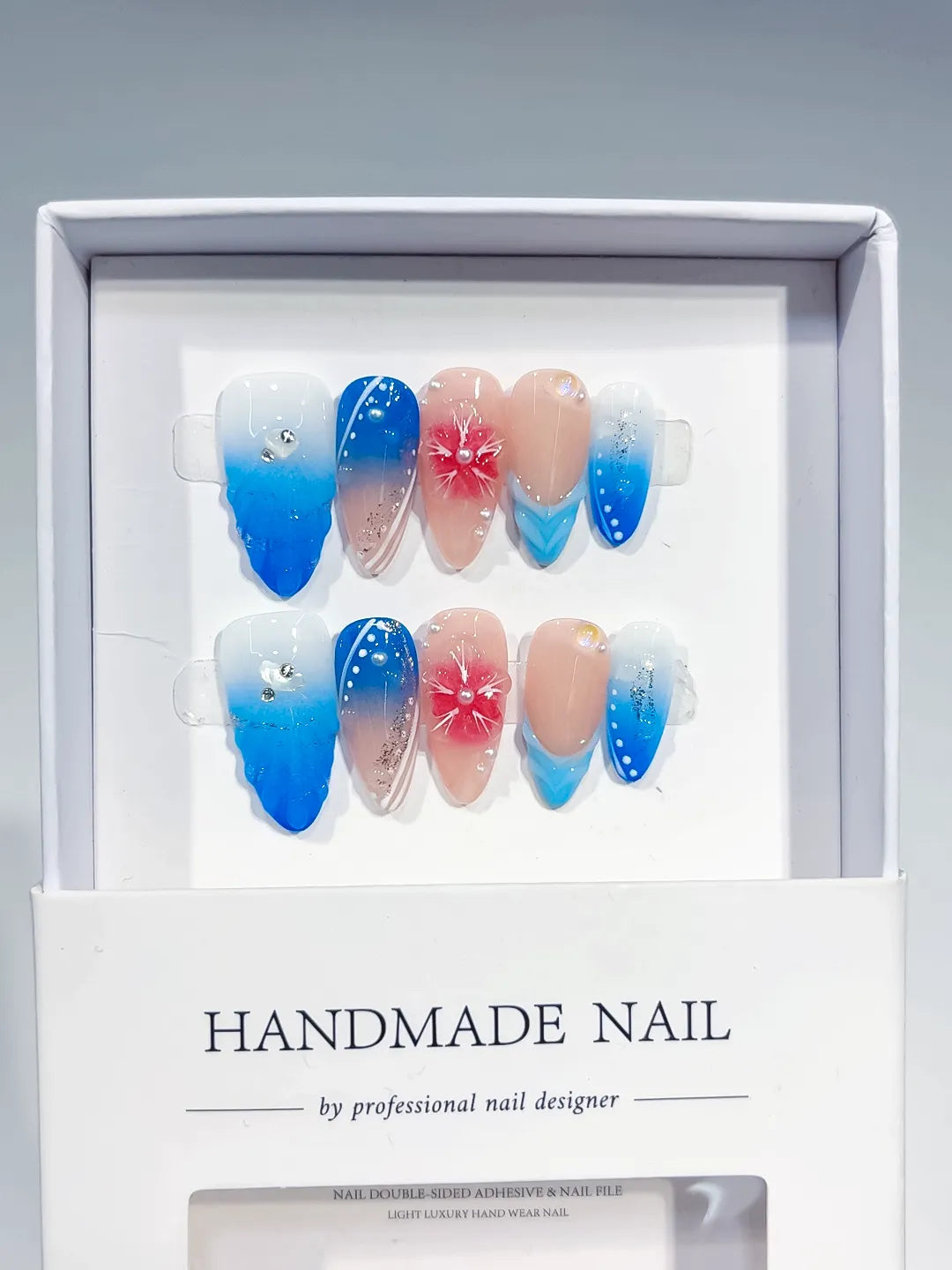 D433 - Medium Nude Blue Almond Ombre Flower Glitter VibeNailsLab
