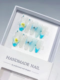 D436 - Long White Blue Oval Ombre Flower Shell VibeNailsLab