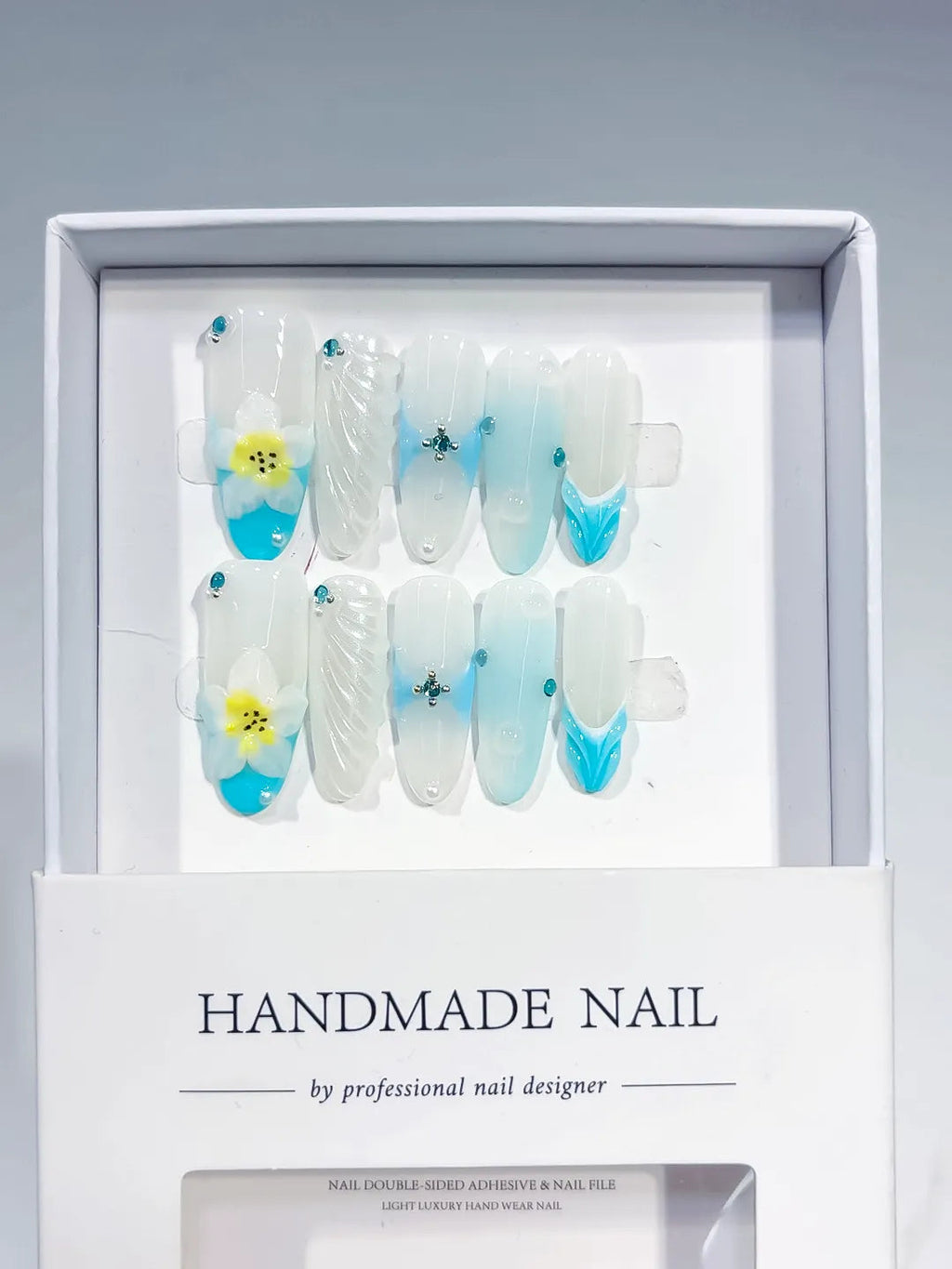 D436 - Long White Blue Oval Ombre Flower Shell VibeNailsLab