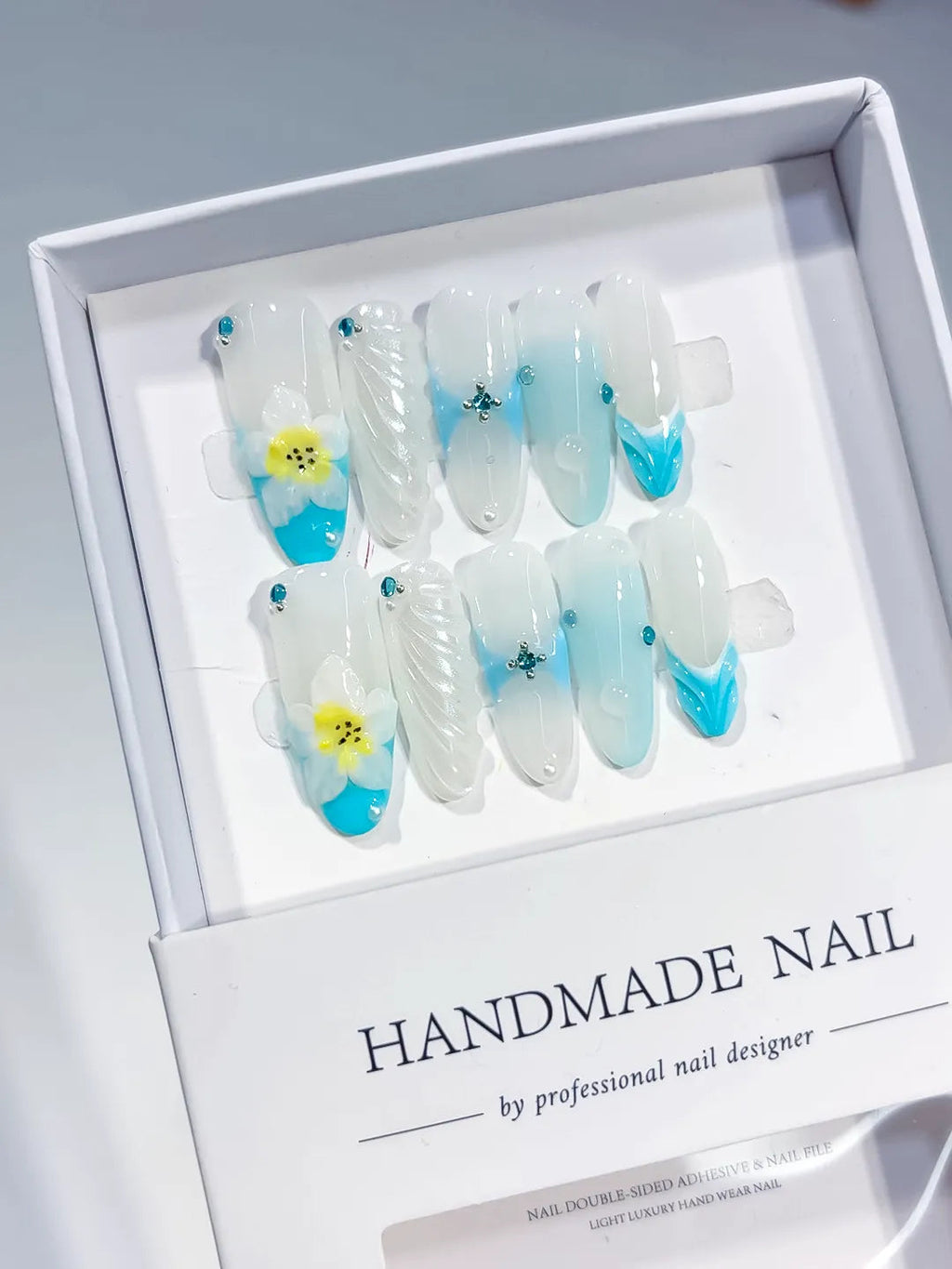 D436 - Long White Blue Oval Ombre Flower Shell VibeNailsLab