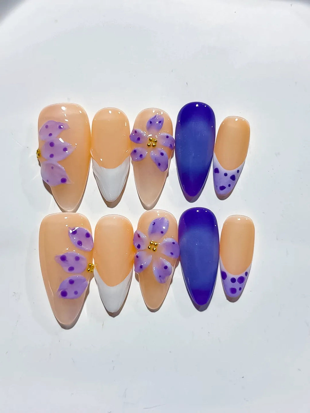 D437 - Medium Nude White Almond French tip Flower Dot Pattern VibeNailsLab