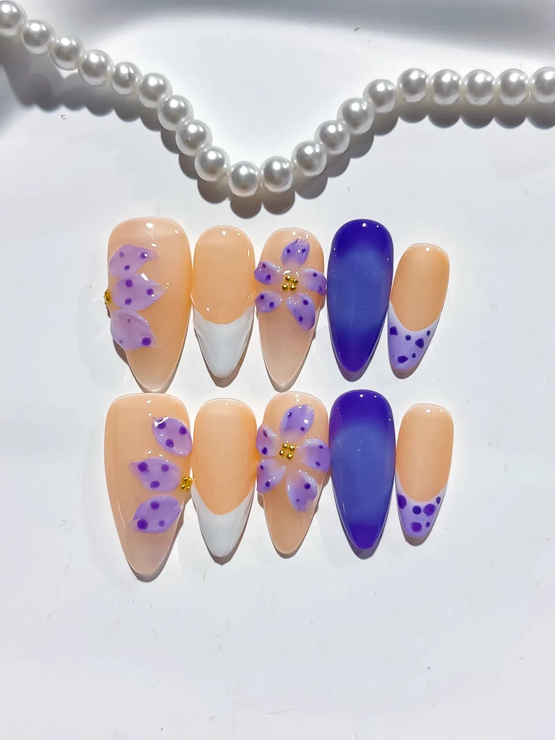 D437 - Medium Nude White Almond French tip Flower Dot Pattern VibeNailsLab