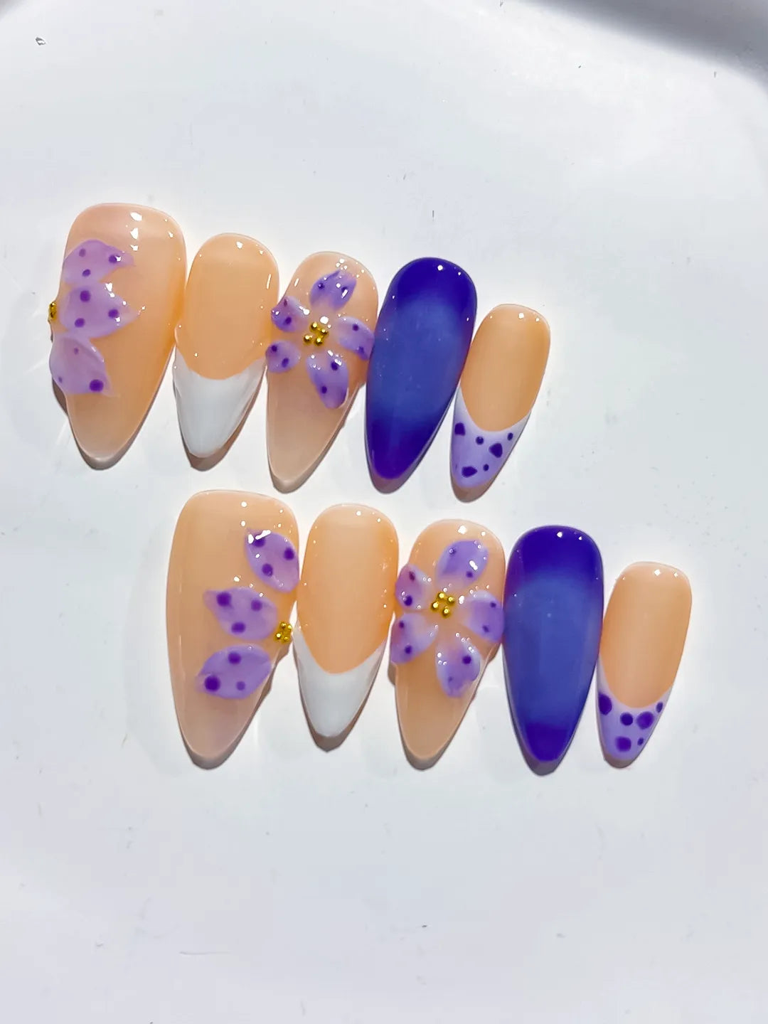 D437 - Medium Nude White Almond French tip Flower Dot Pattern VibeNailsLab