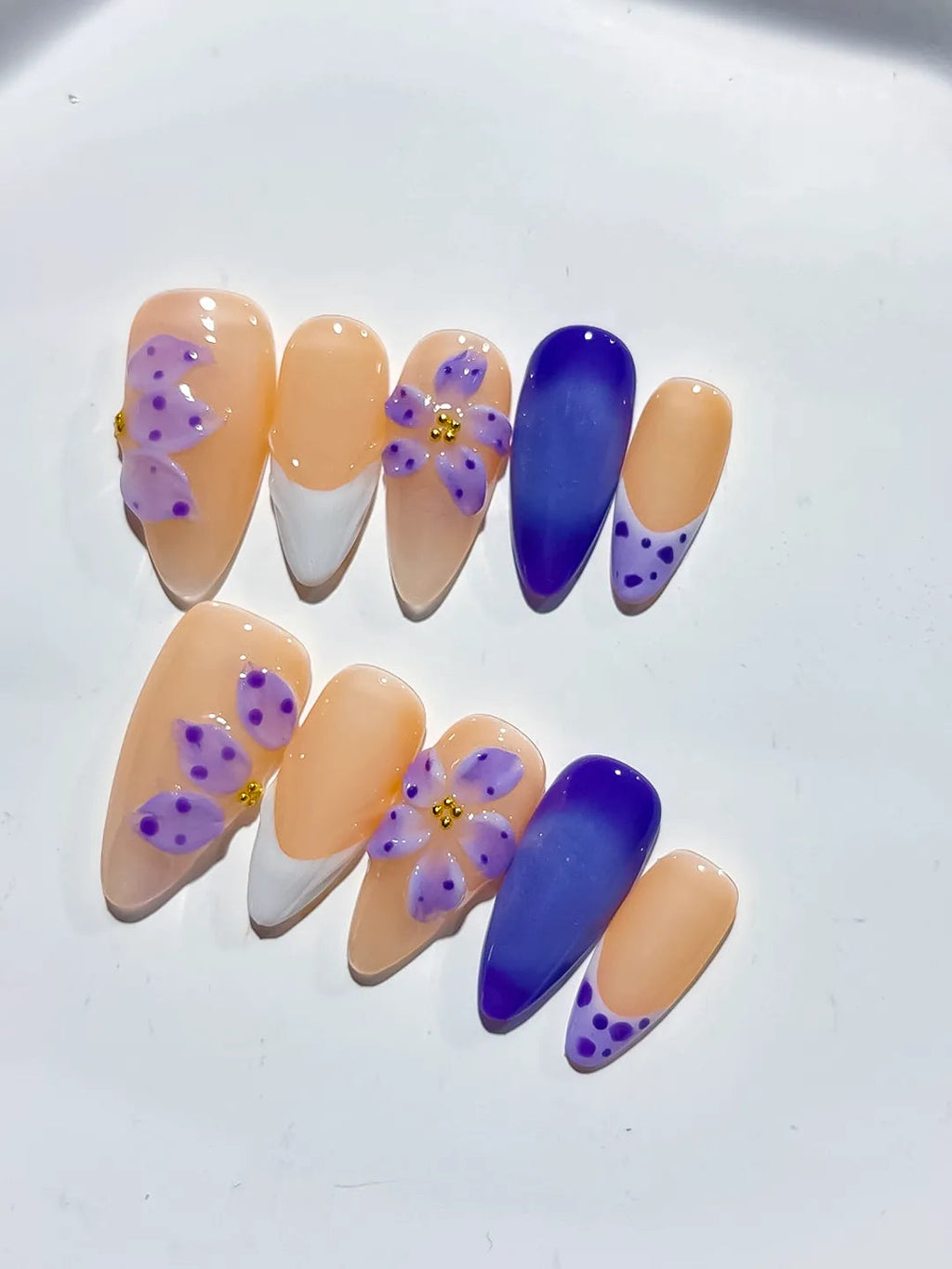 D437 - Medium Nude White Almond French tip Flower Dot Pattern VibeNailsLab