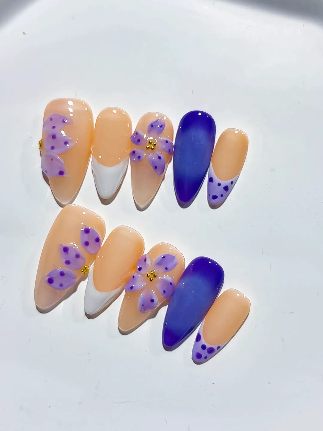 D437 - Medium Nude White Almond French tip Flower Dot Pattern VibeNailsLab