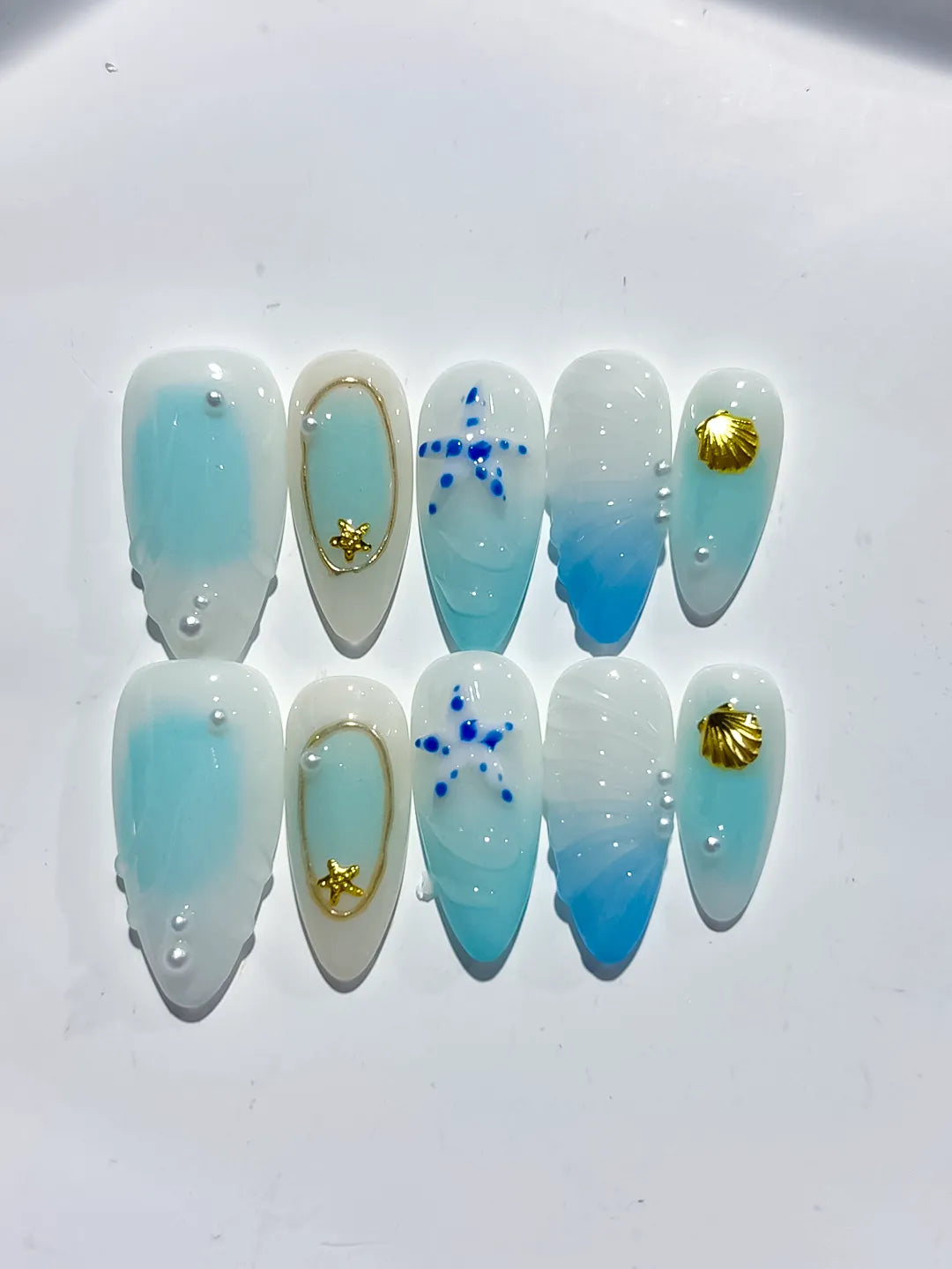 D438 - Medium White Blue Almond Ombre Star Shell
