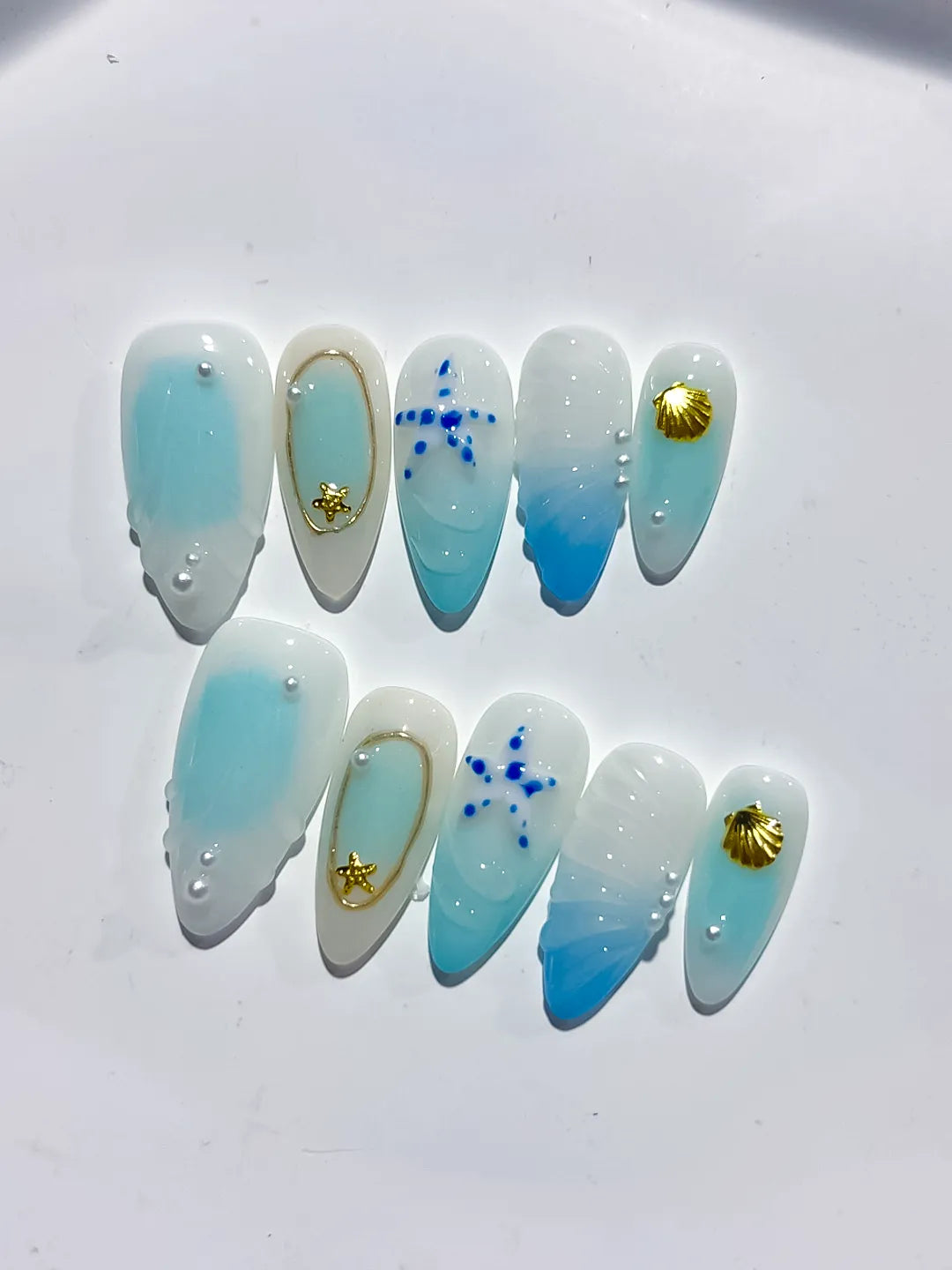 D438 - Medium White Blue Almond Ombre Star Shell