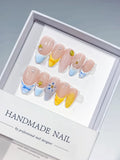 D440 - Medium Nude Blue Almond French tip Flower Star