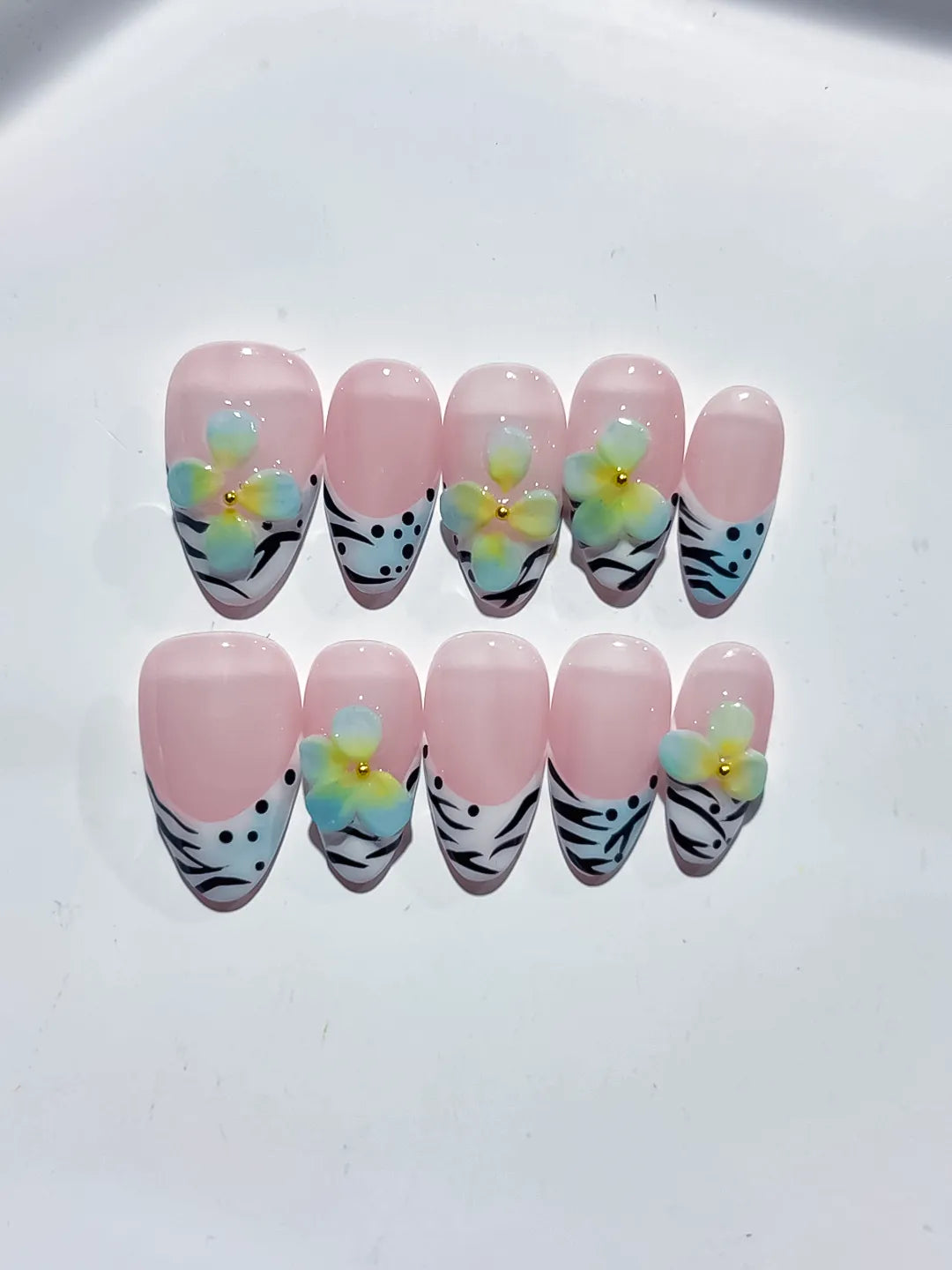 D442 - Short Pink White Almond Abstract Flower Animal Print