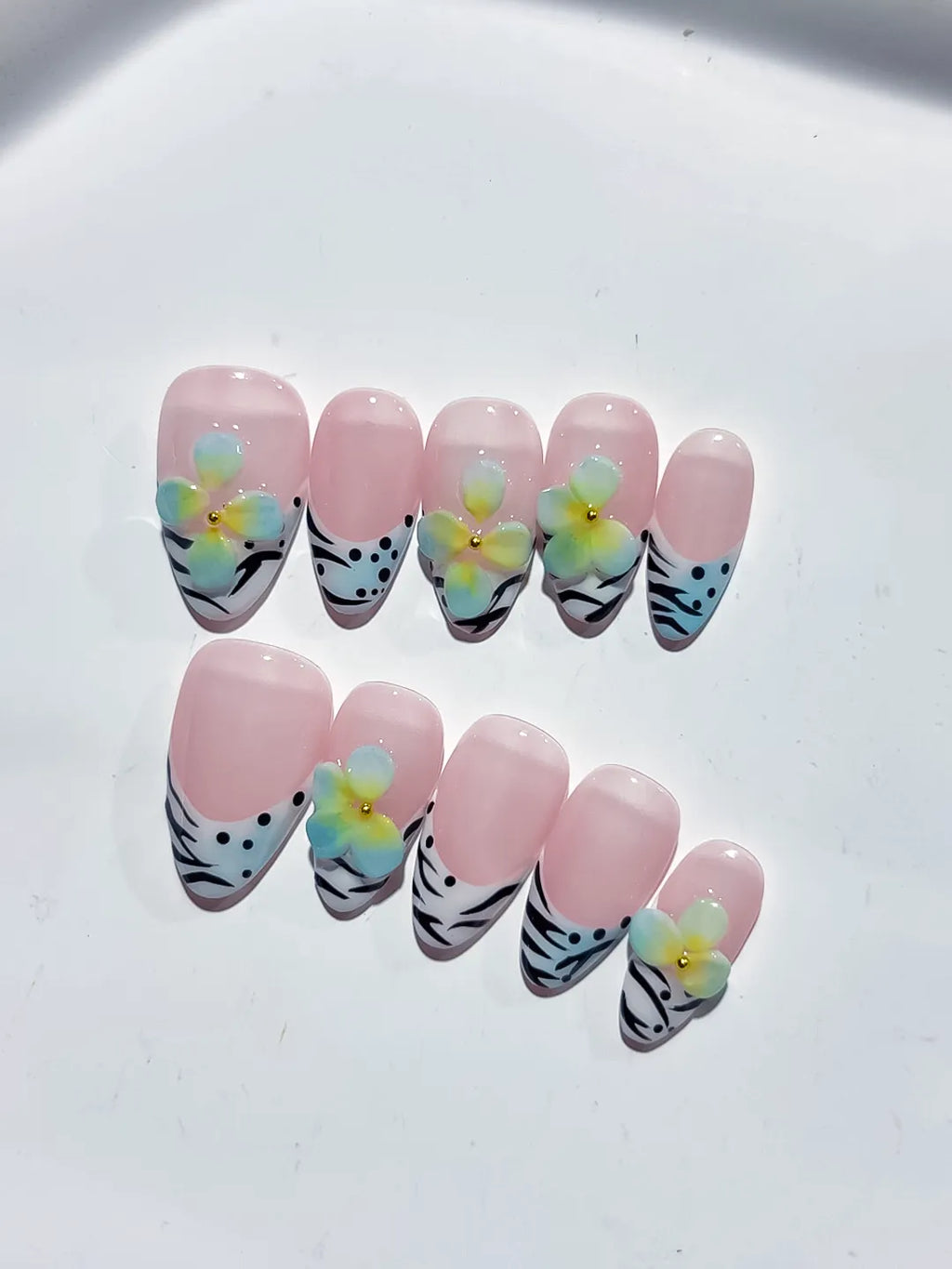 D442 - Short Pink White Almond Abstract Flower Animal Print