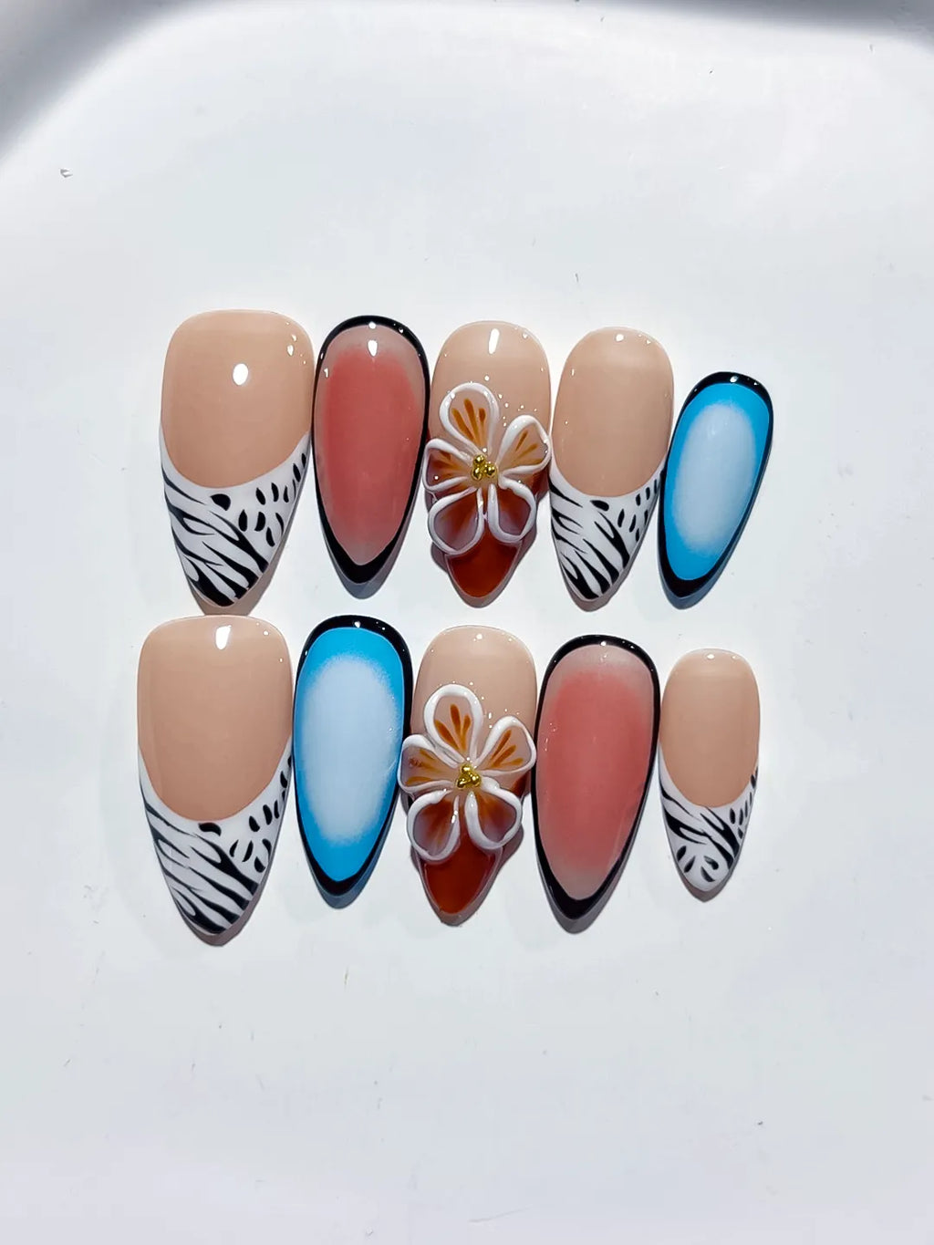 D443 - Medium Nude Blue Almond Abstract Flower Animal Print