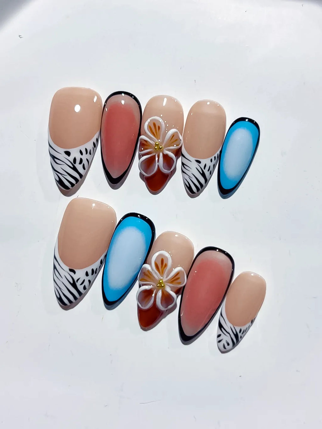 D443 - Medium Nude Blue Almond Abstract Flower Animal Print
