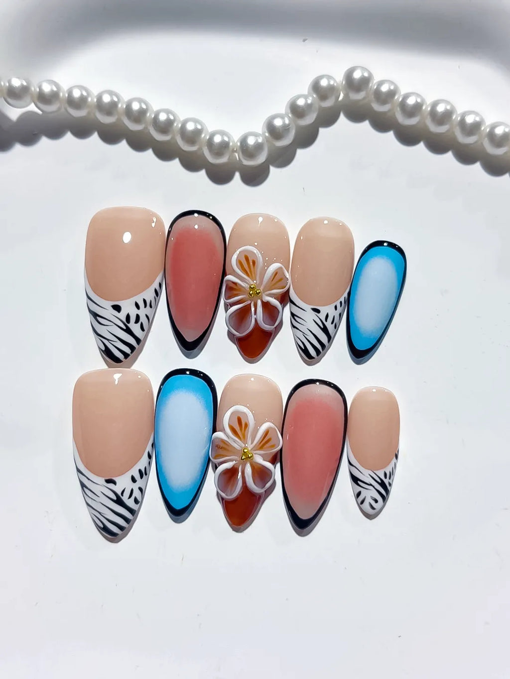 D443 - Medium Nude Blue Almond Abstract Flower Animal Print