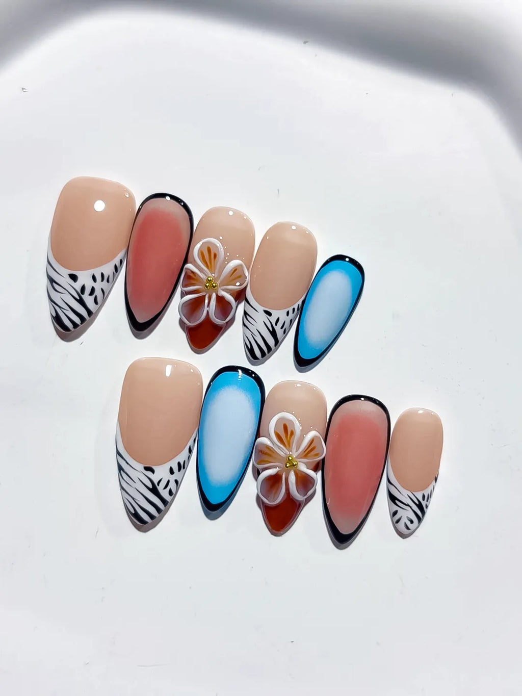 D443 - Medium Nude Blue Almond Abstract Flower Animal Print