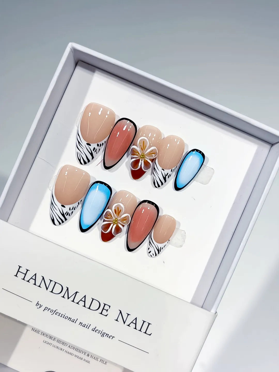 D443 - Medium Nude Blue Almond Abstract Flower Animal Print