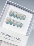D444 - Short Green White Oval Glitter Flower Pearl
