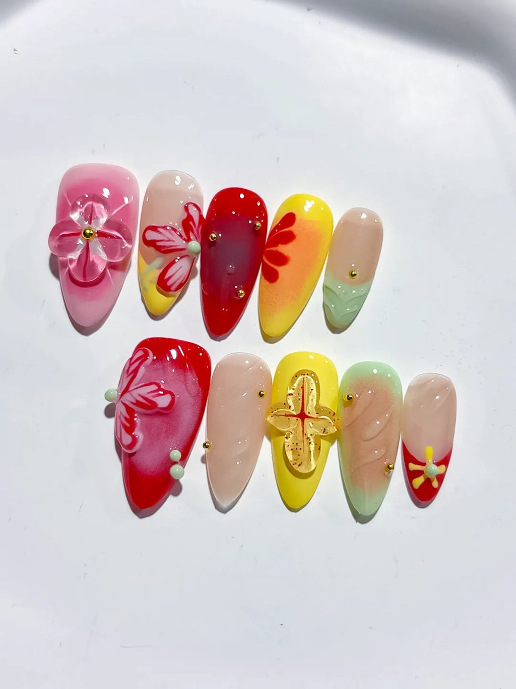 D445 - Medium Red Yellow Almond Abstract Flower Leaf VibeNailsLab