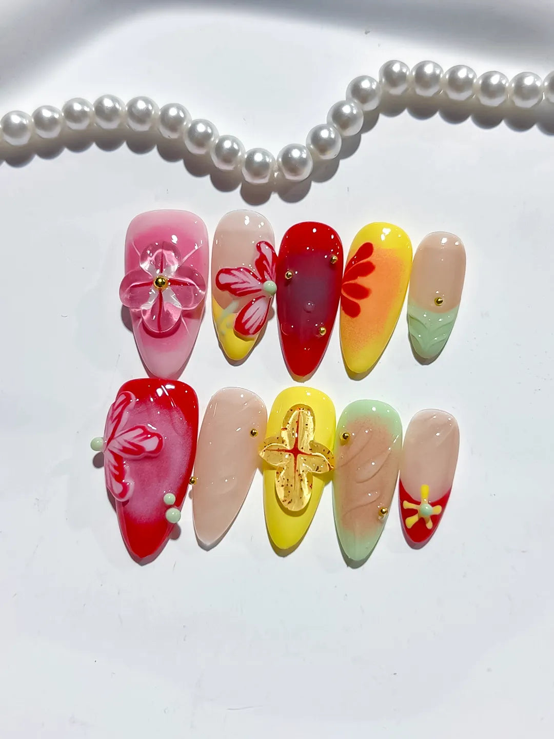 D445 - Medium Red Yellow Almond Abstract Flower Leaf