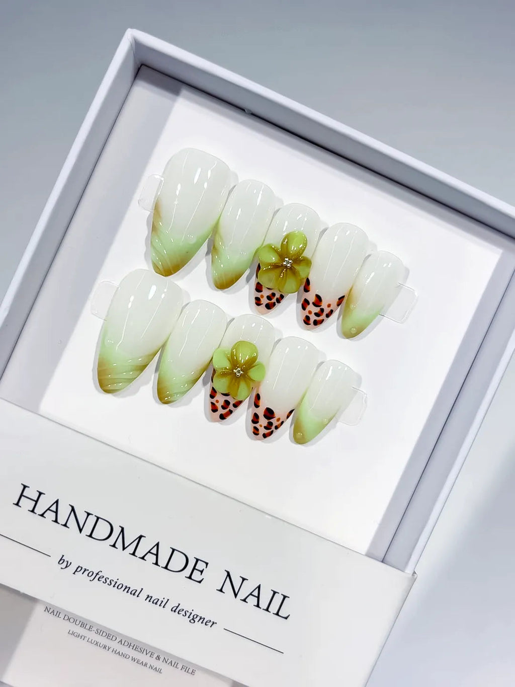 D446 - Medium White Green Almond Ombre Flower Animal Print VibeNailsLab