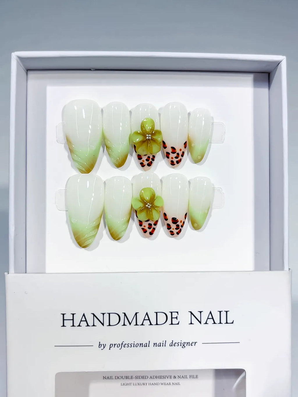 D446 - Medium White Green Almond Ombre Flower Animal Print VibeNailsLab
