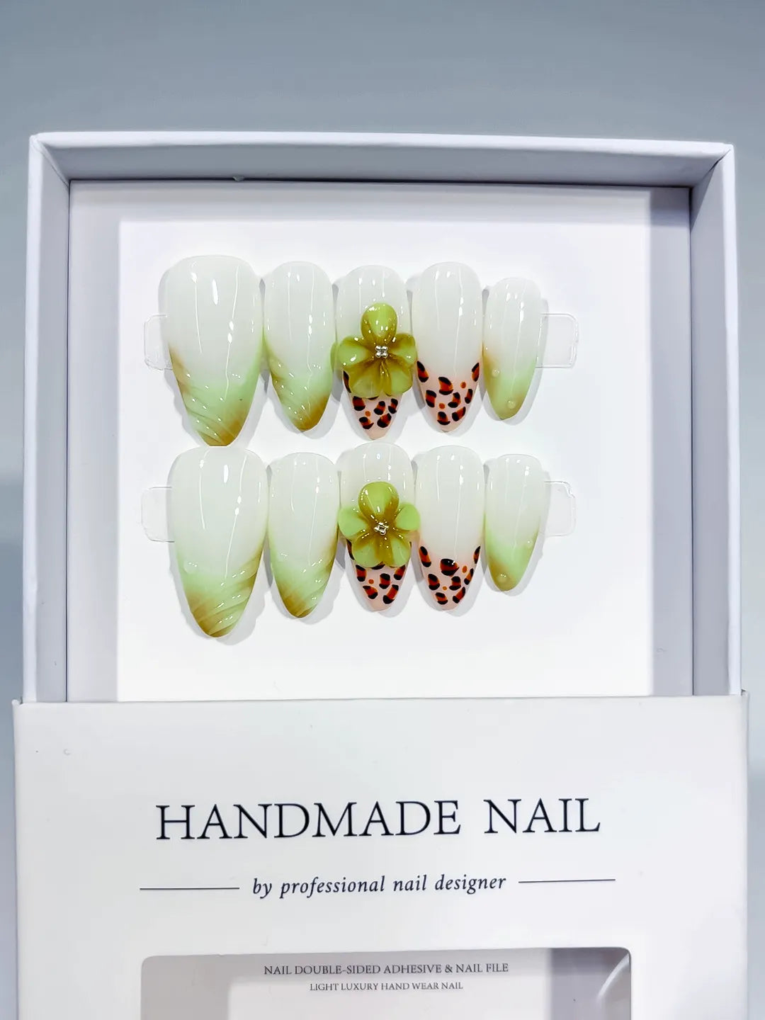 D446 - Medium White Green Almond Ombre Flower Animal Print VibeNailsLab