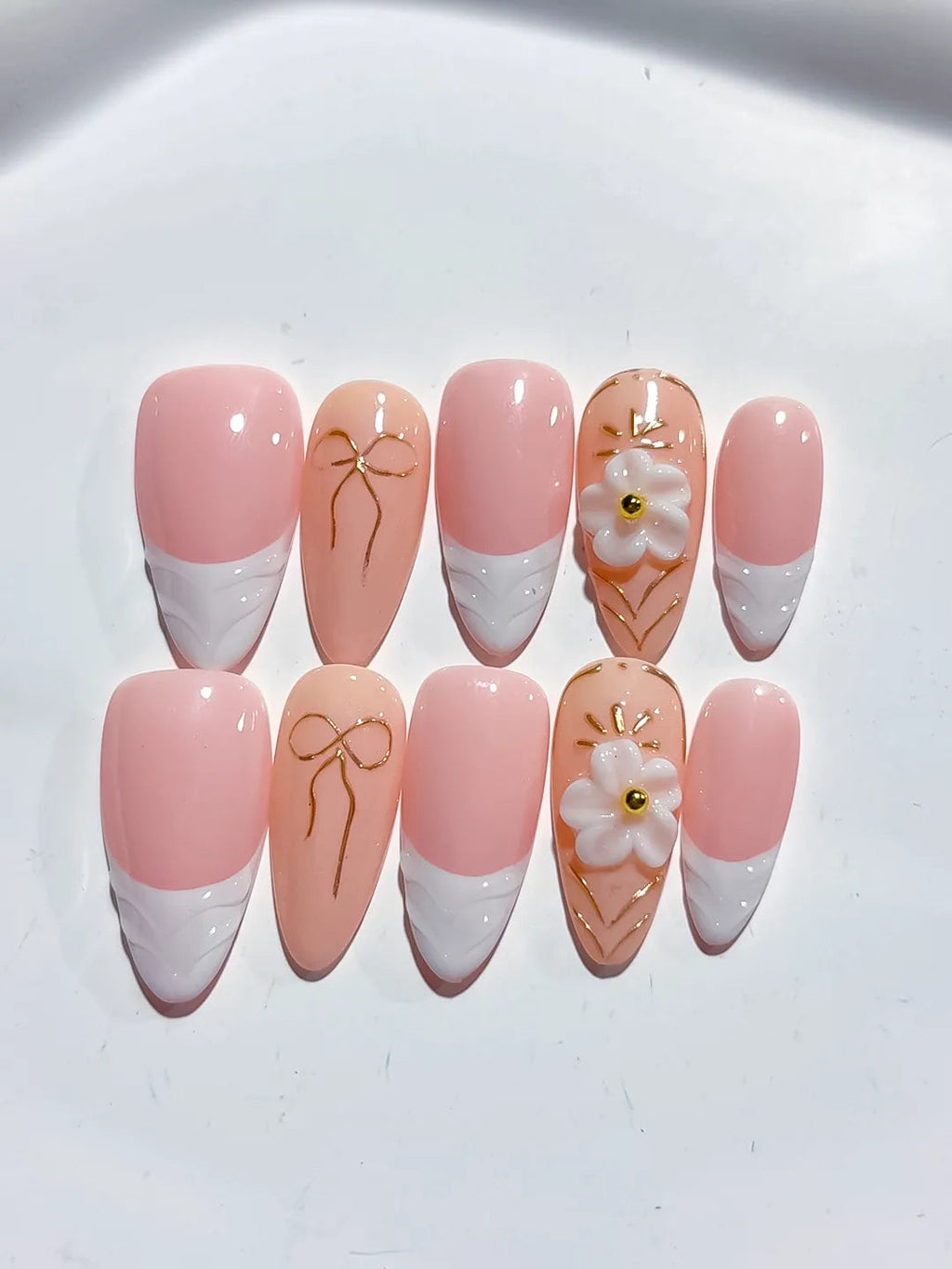 D449 - Medium Pink White Almond French tip Flower Bow VibeNailsLab