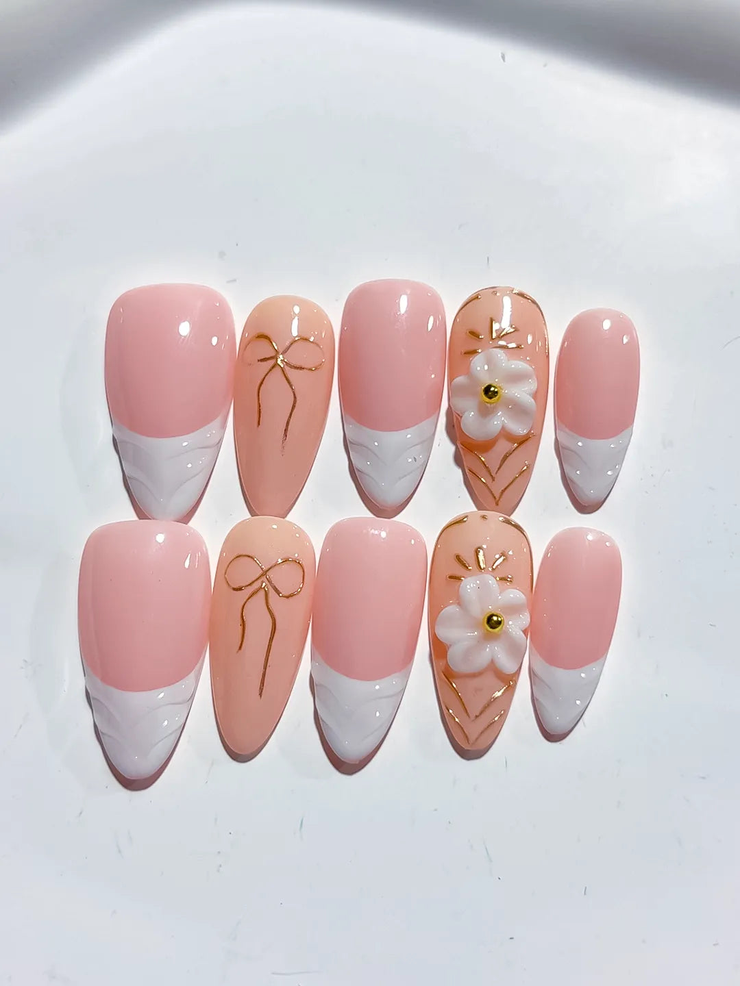 D449 - Medium Pink White Almond French tip Flower Bow VibeNailsLab