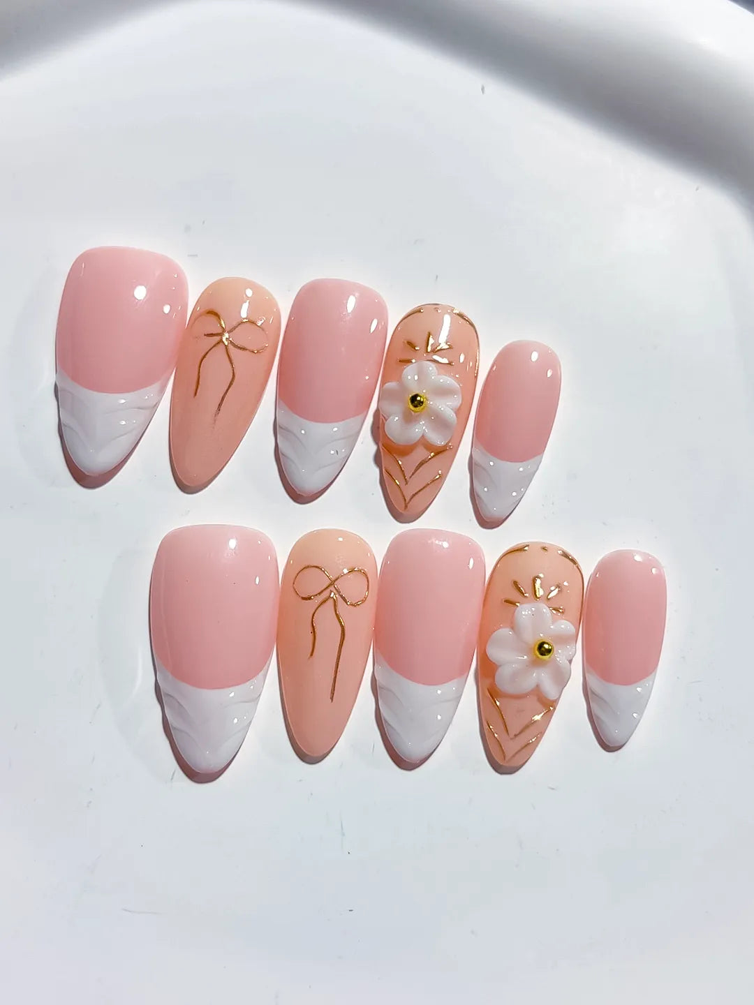D449 - Medium Pink White Almond French tip Flower Bow VibeNailsLab