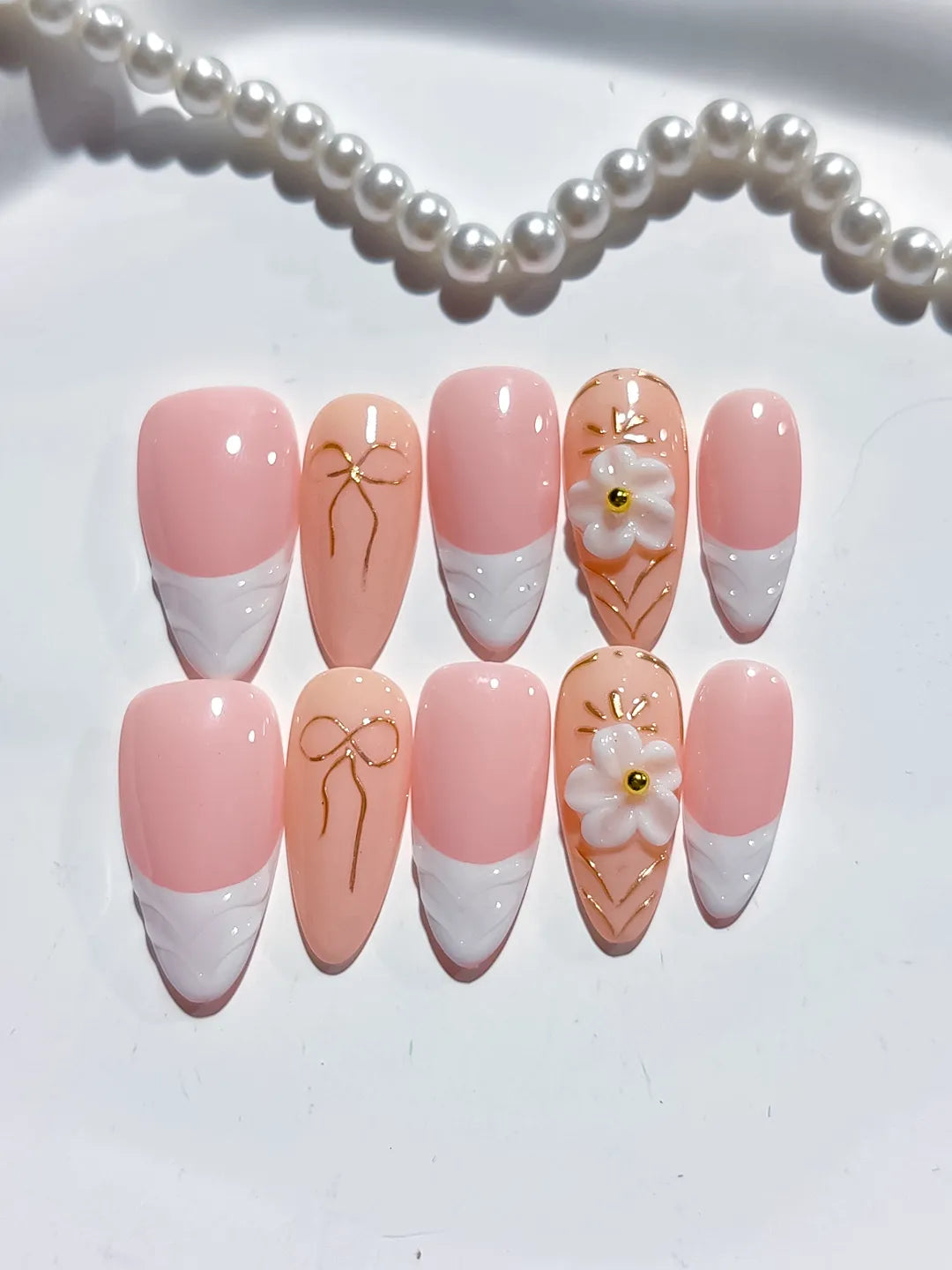 D449 - Medium Pink White Almond French tip Flower Bow VibeNailsLab