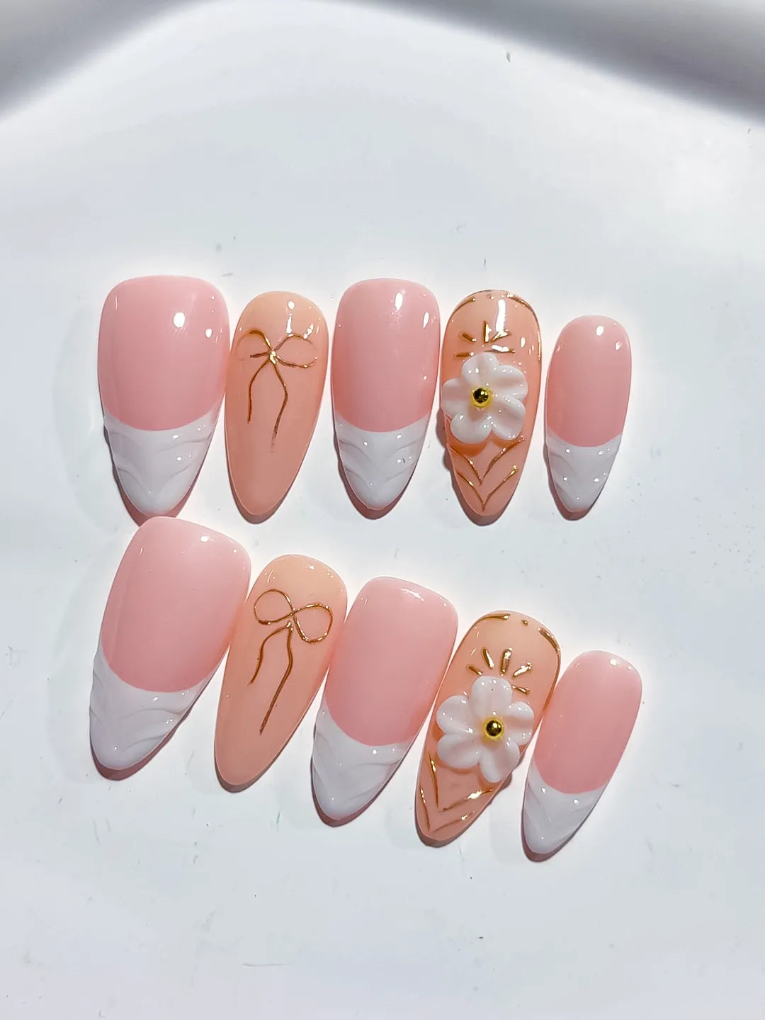 D449 - Medium Pink White Almond French tip Flower Bow VibeNailsLab