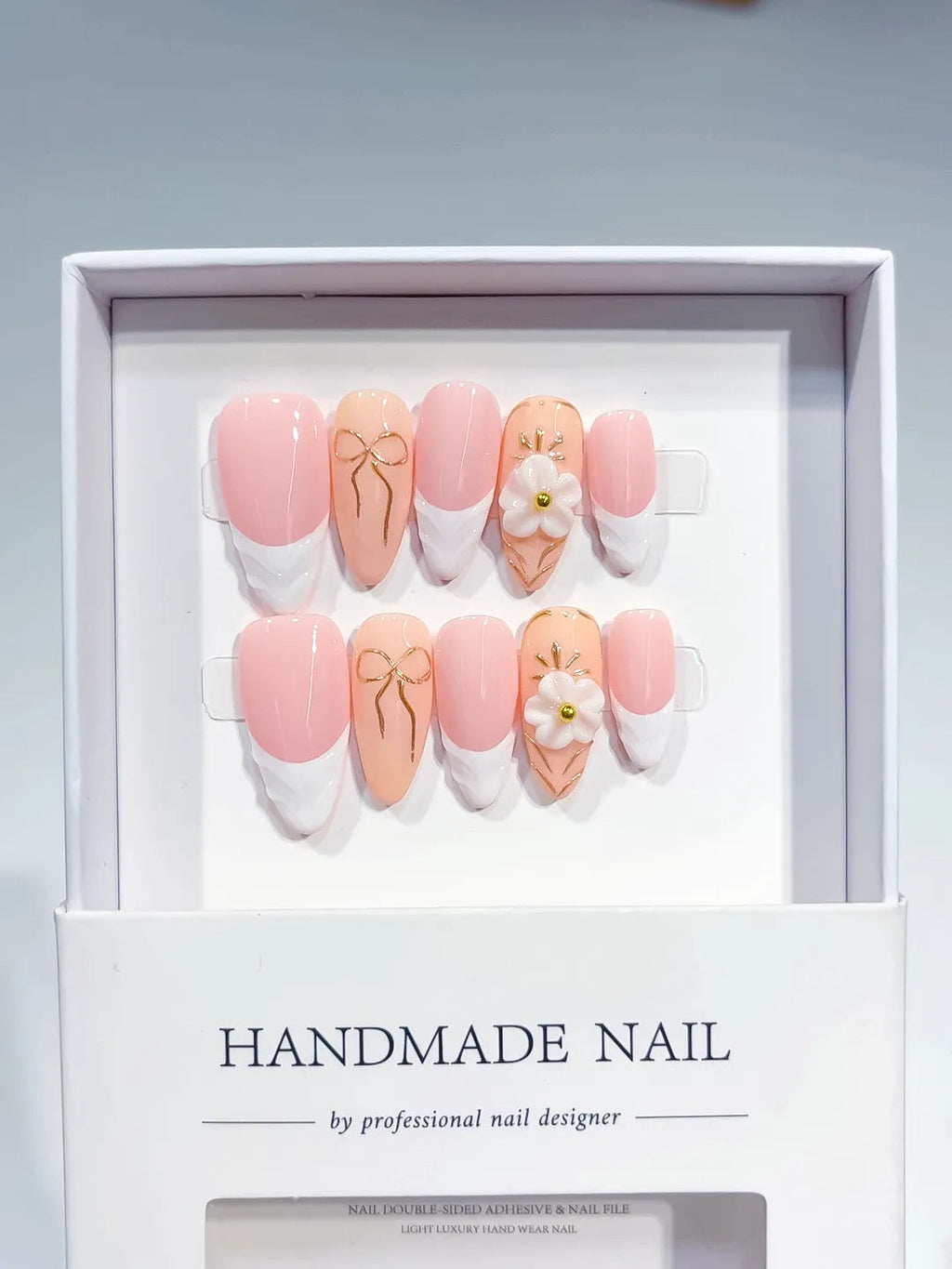 D449 - Medium Pink White Almond French tip Flower Bow VibeNailsLab