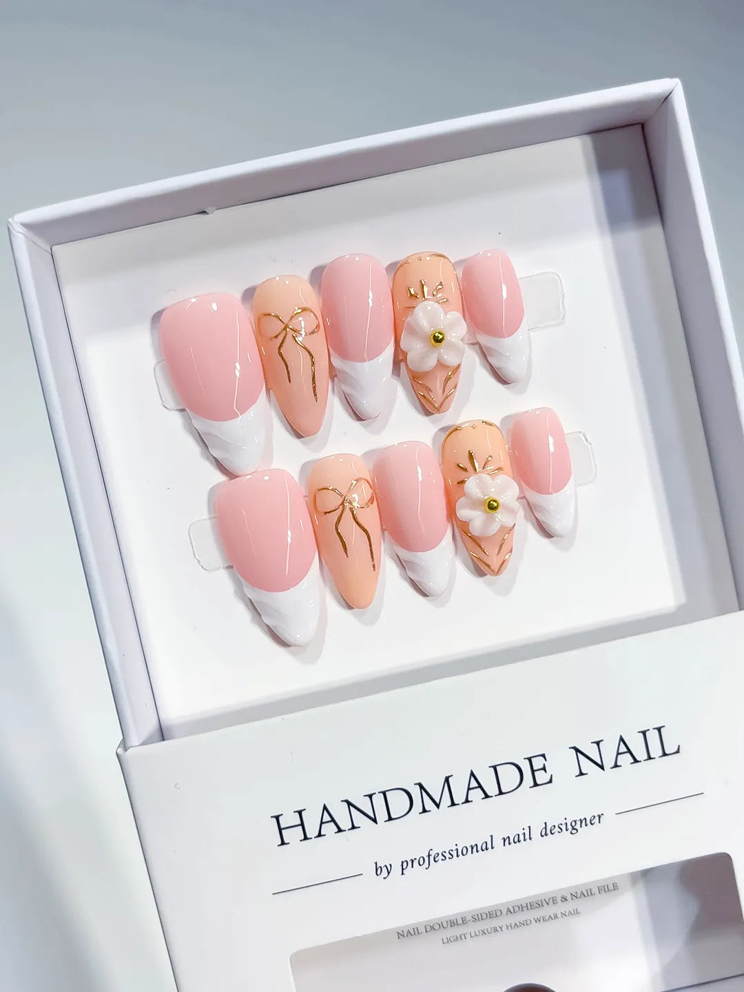 D449 - Medium Pink White Almond French tip Flower Bow VibeNailsLab