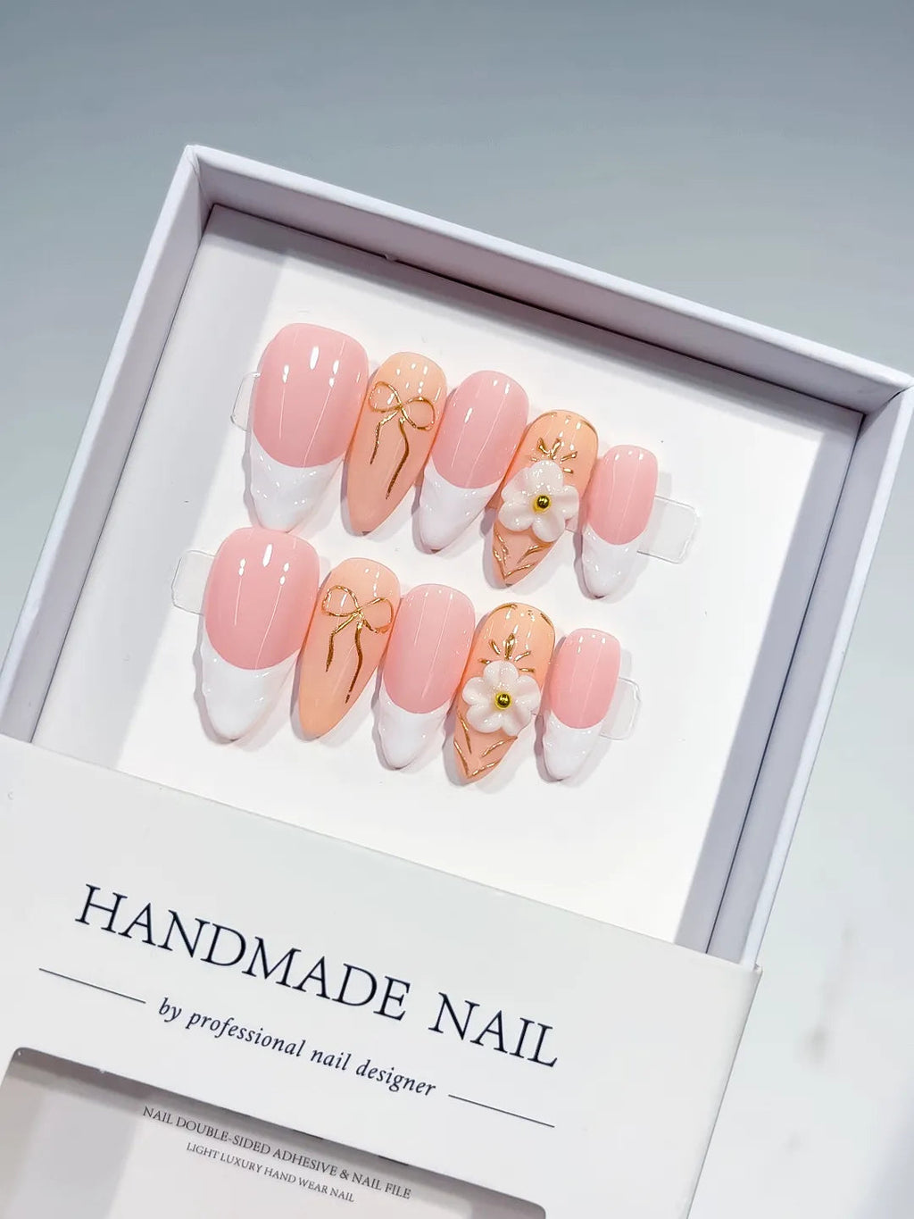 D449 - Medium Pink White Almond French tip Flower Bow VibeNailsLab
