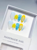 D450 - Medium White Blue Almond Abstract Flower Dot Pattern VibeNailsLab