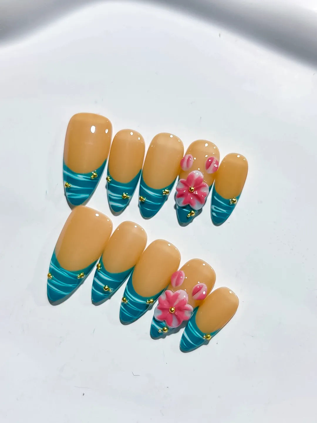 D451 - Medium Nude Blue Almond French tip Flower Metallic Charm