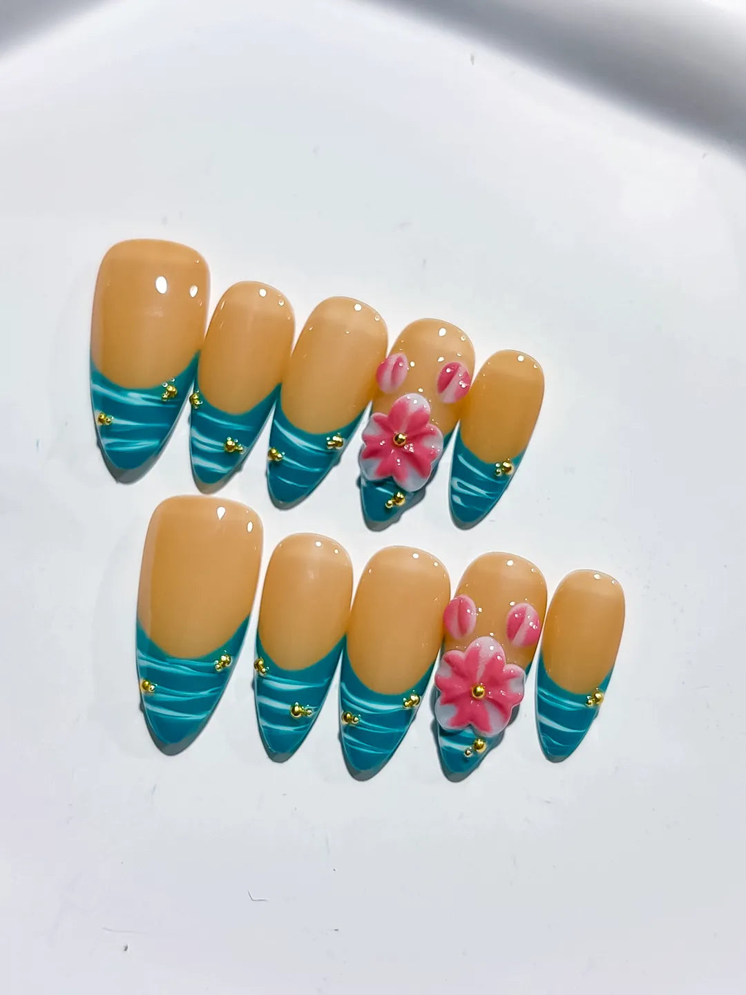 D451 - Medium Nude Blue Almond French tip Flower Metallic Charm VibeNailsLab