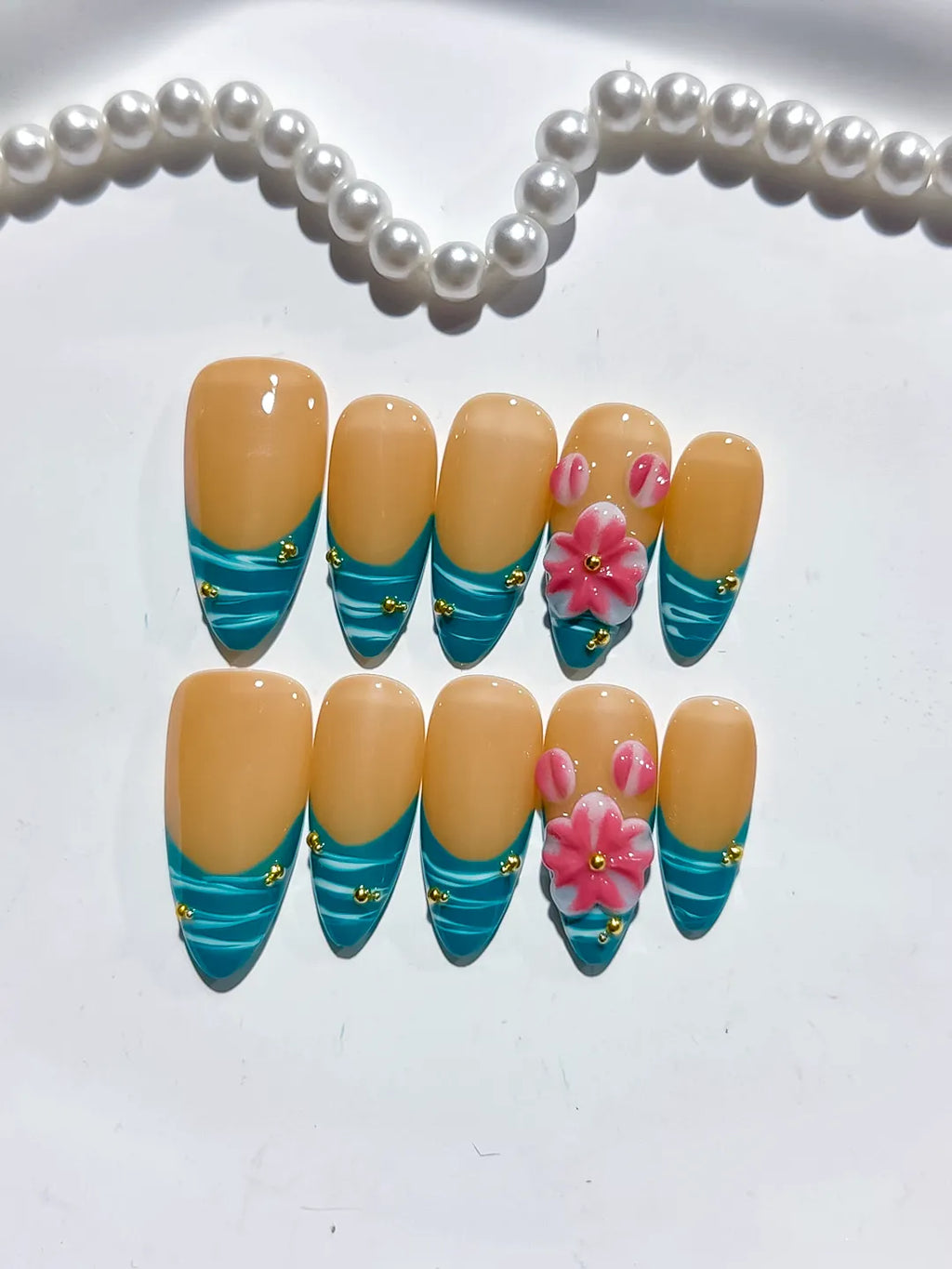 D451 - Medium Nude Blue Almond French tip Flower Metallic Charm