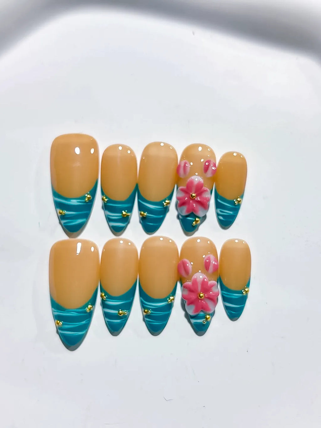 D451 - Medium Nude Blue Almond French tip Flower Metallic Charm