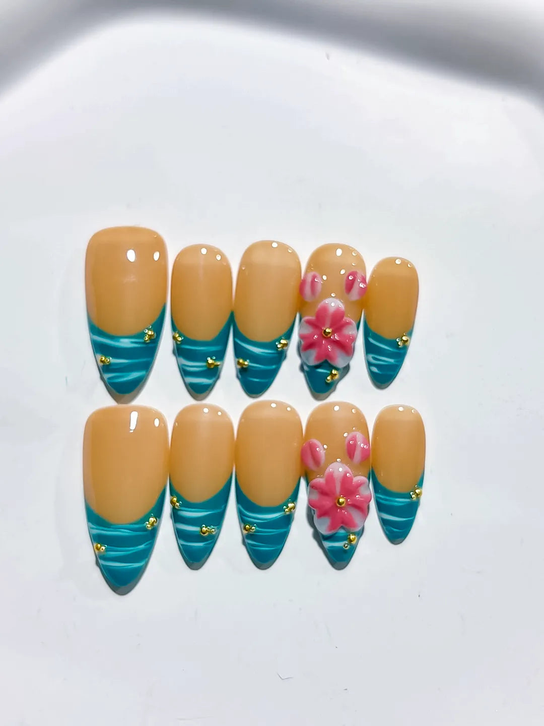 D451 - Medium Nude Blue Almond French tip Flower Metallic Charm