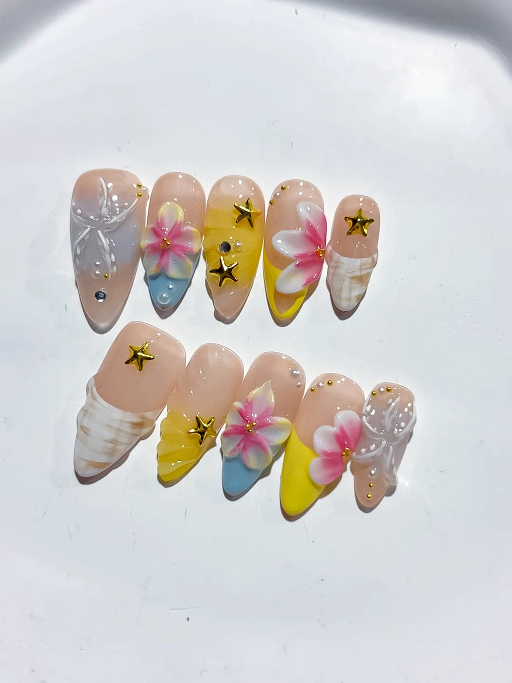 D453 - Medium Nude White Almond French tip Flower Bow