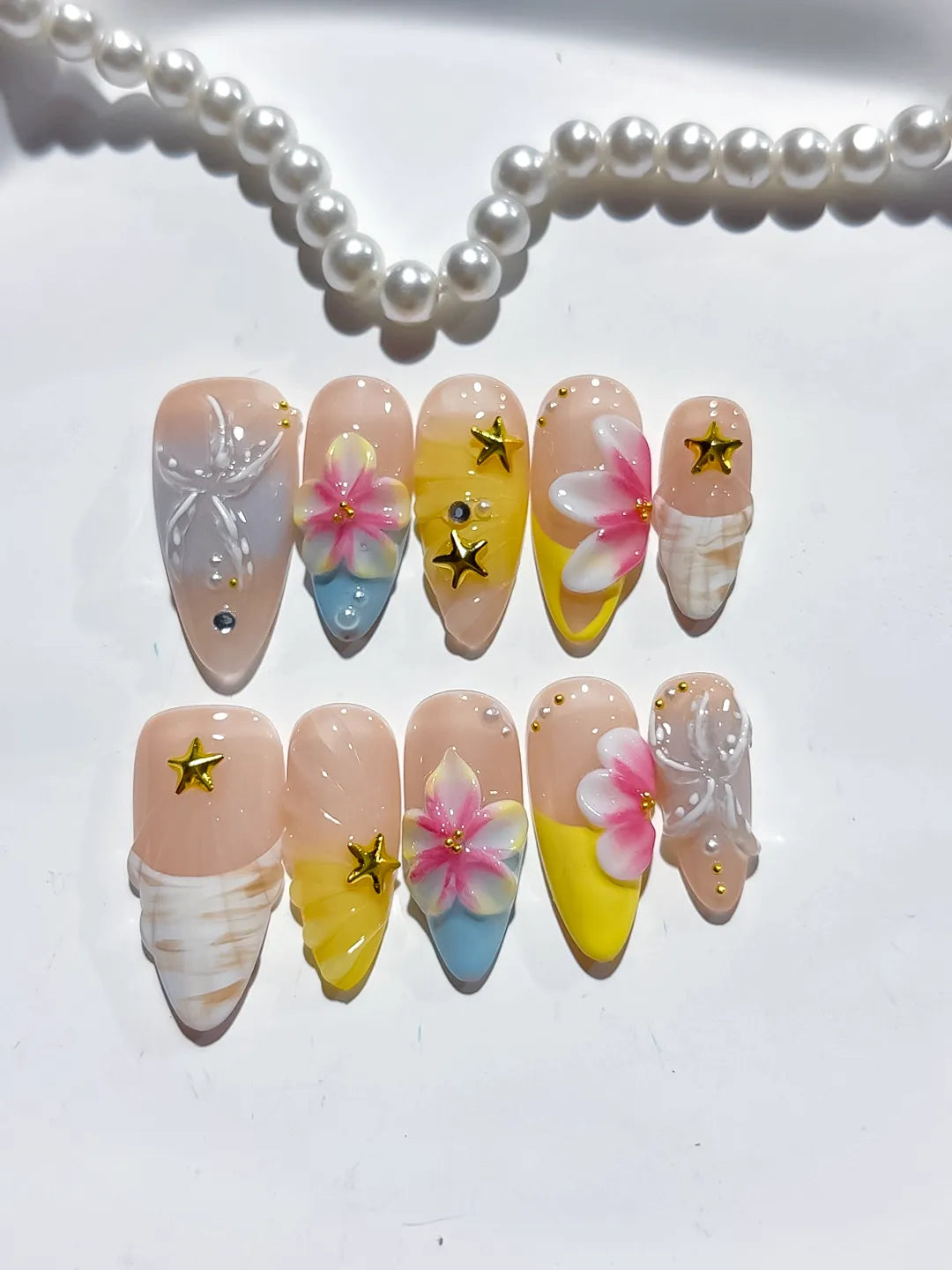 D453 - Medium Nude White Almond French tip Flower Bow