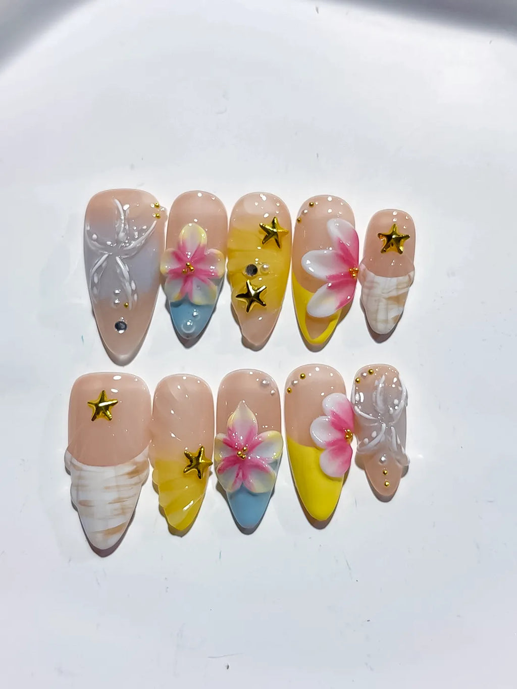 D453 - Medium Nude White Almond French tip Flower Bow